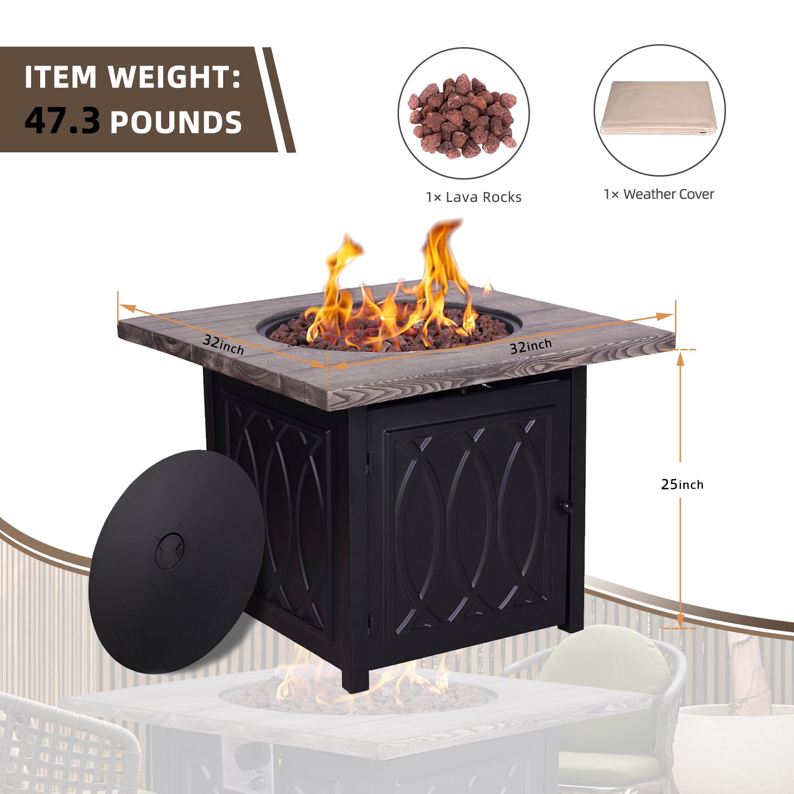 Faux Woodgrain Table Top And Steel Base Propane Outdoor Fire Pit Table With Lid Black Garden & Outdoor American Design Concrete,Metal