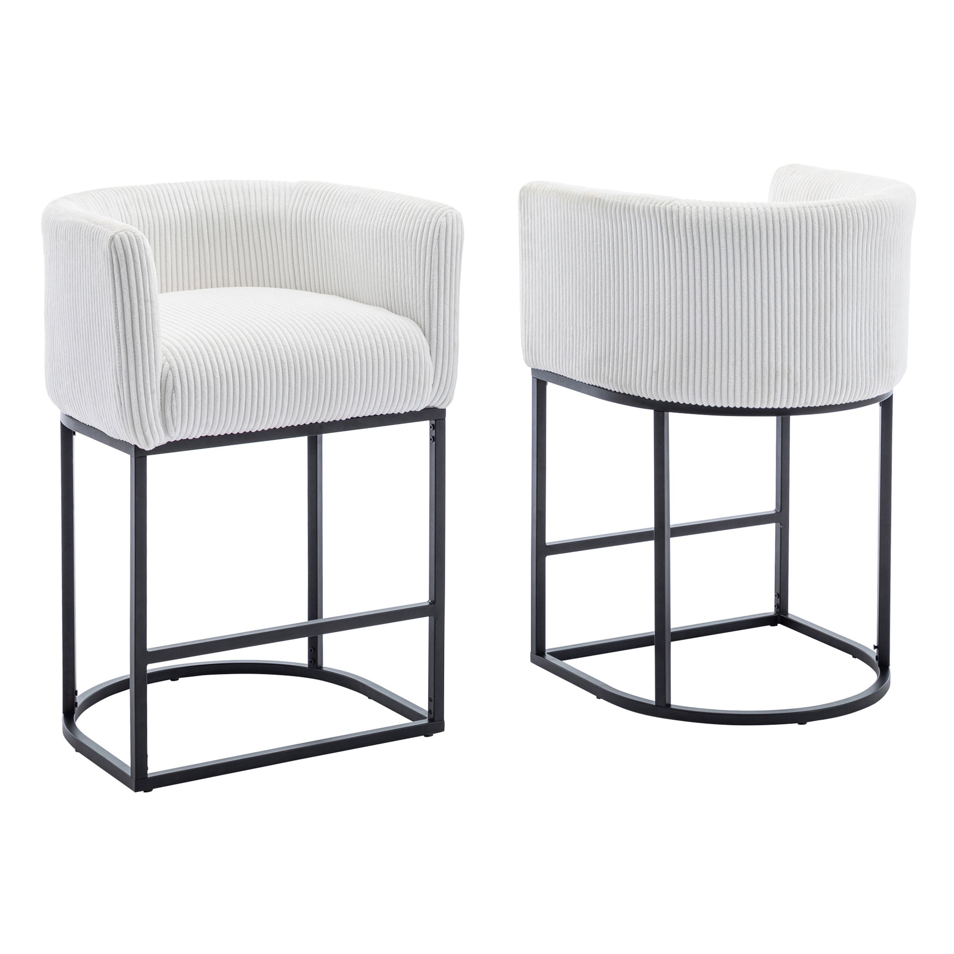 Modern Bar Stools Set Of 2, 27.5" Counter Height Stools With Barrel Back And Arms, Upholstered Seat Cushion Linen Modern Kitchen Island Chair With Black Metal Frame For Kitchen Island, White White Dining Room Powder Coated Sponge Wipe Clean Modern Bar