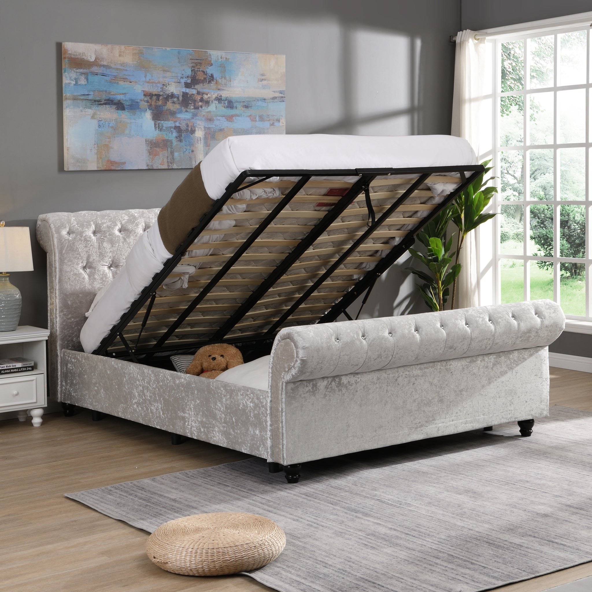 Hartfried Upholstered Storage Bed,Queen Size silver-solid wood