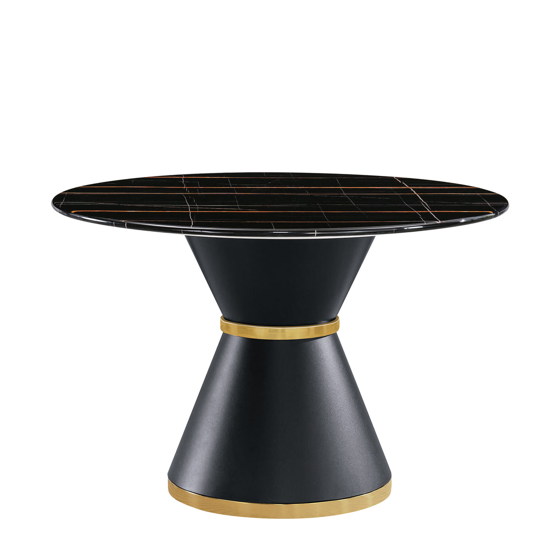 Black Marble Printed Mdf Round Dining Table, Black Columnar Base With Gold Annulus Not Including Chairs Black Mdf Steel