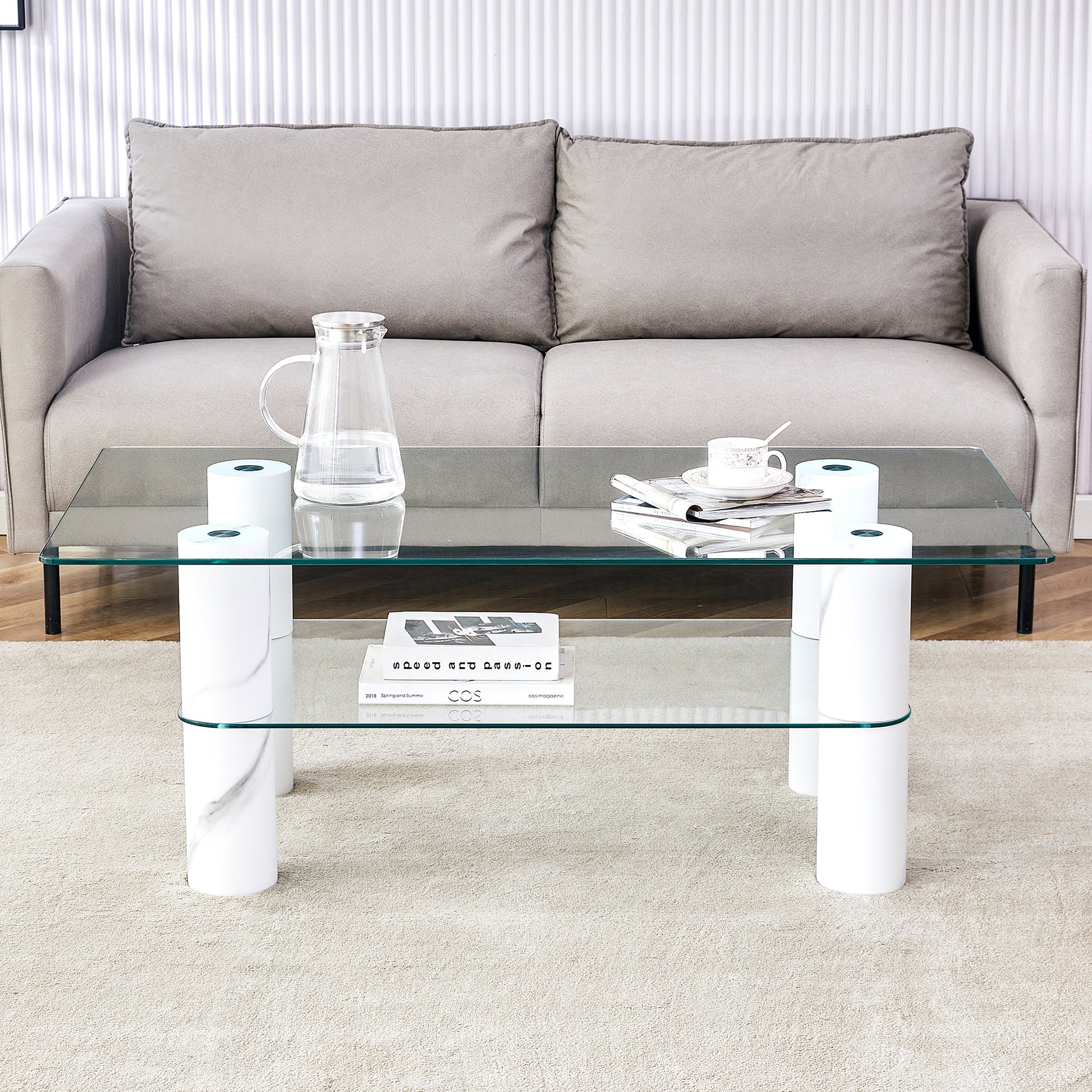 Modern Minimalist Double Layered Transparent Tempered Glass Coffee Table And Coffee Table, Paired With White Mdf Decorative Columns. Computer Desk. Game Table. Ct X02 Transparent Glass