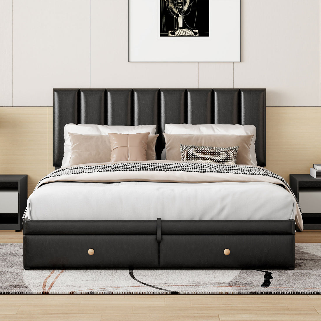 Queen Size Upholstered Bed With Hydraulic Storage System And Drawer, Black Black Pu Leather