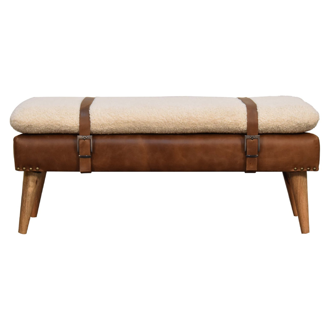 Boucle Buffalo Hide Leather Bench Chestnut Leather Wood