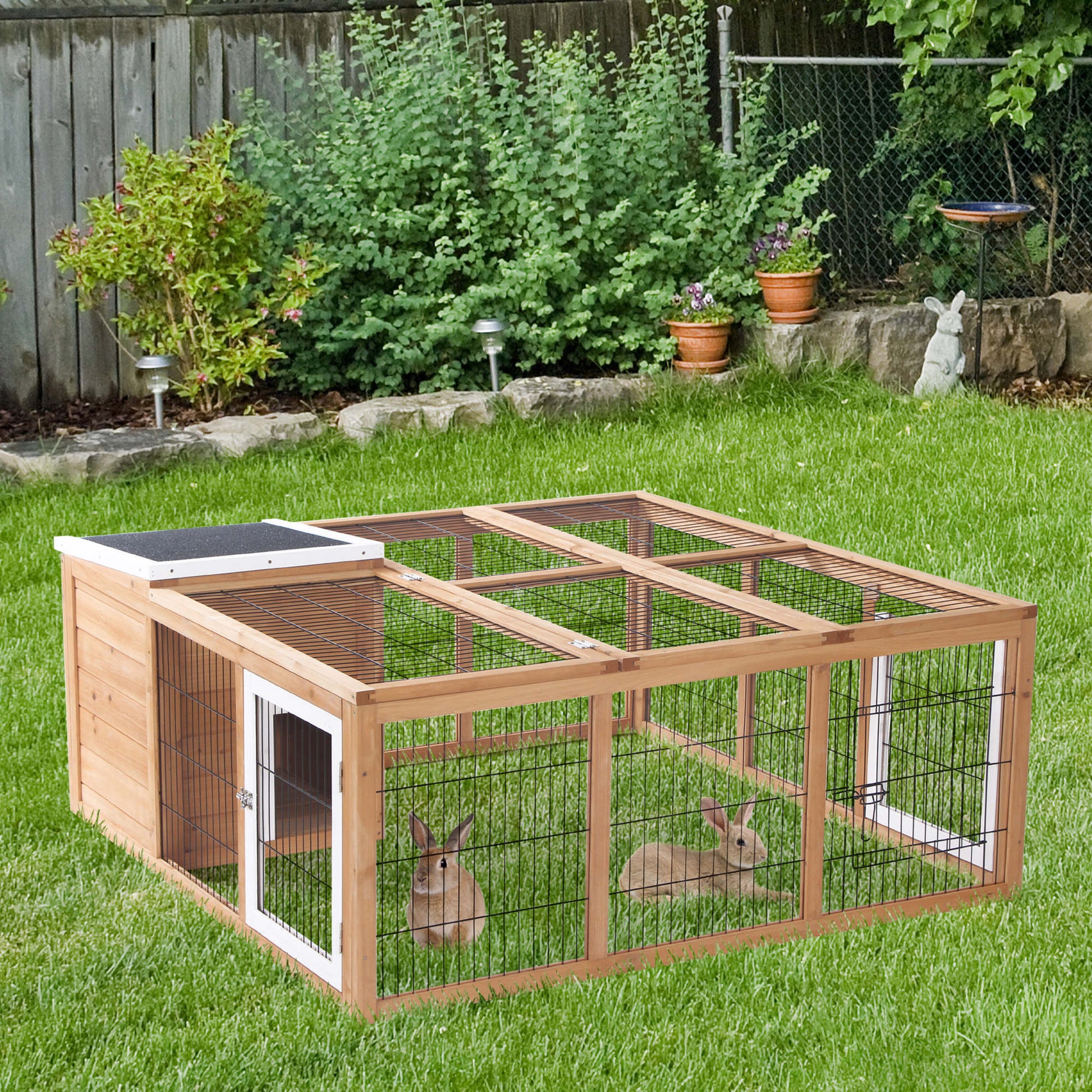 Pawhut Rabbit Hutch Bunny Cage With Openable Main House, Indoor Outdoo