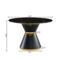 Black Marble Printed Mdf Round Dining Table, Black Columnar Base With Gold Annulus Not Including Chairs Black Mdf Steel