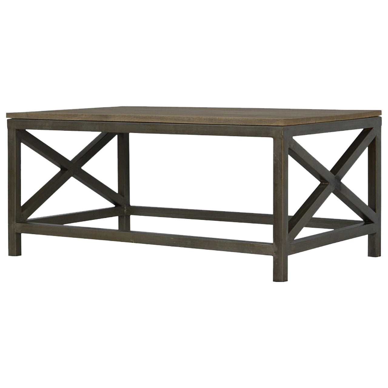 Industrial Cross Metal Coffee Table Pewter Wood Metal