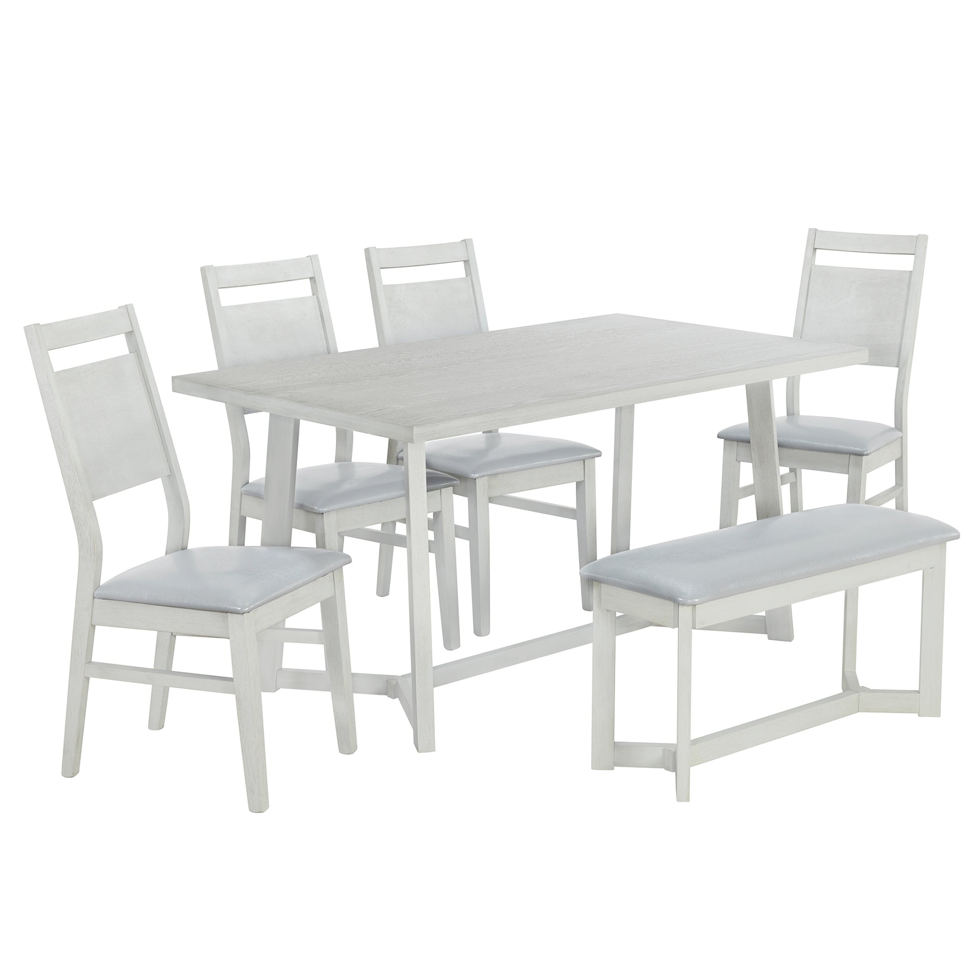 Farmhouse 6 Piece Wood Dining Table Set With 4 Upholstered Chairs And Bench, Gray Gray Wood Dining Room Bench Seating Rubberwood Rectangular Dining Table With Chair And Bench Upholstered Chair Wood Gray Solid Back Seats 6 Farmhouse Trestle Foam Solid