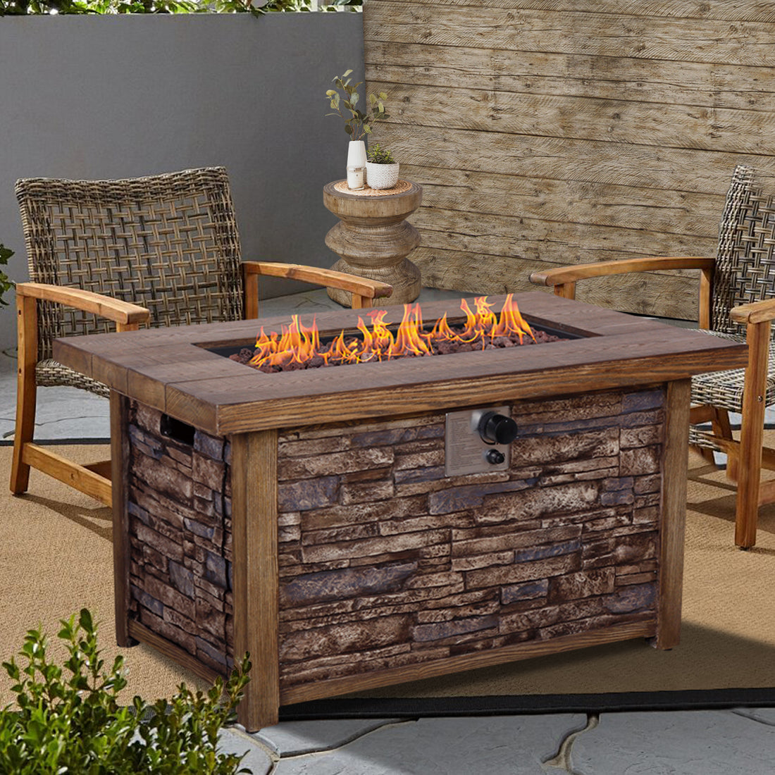 Best Choice Product 50,000 Btu Rectangle Fire Pit Table, Faux Woodgrain Top And Faux Stone Texture Base Propane Gas Fire Table For Outdoor Brown Garden & Outdoor American Design Magnesium Oxide