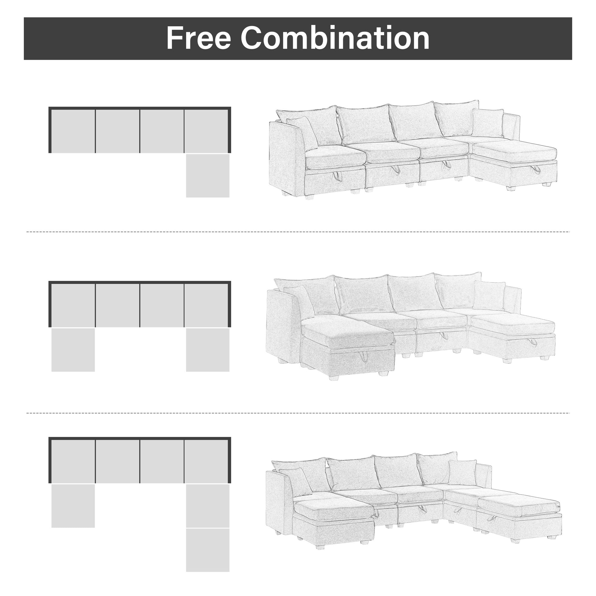 Modular Sectional Sofa, Convertible Sofa Couch With Storage, Sleeper Sectional Sofa Set, Flexible Modular Combinations Fabric Couch For Living Room Grey Wood Soft Heavy Duty Fabric 1 Seat