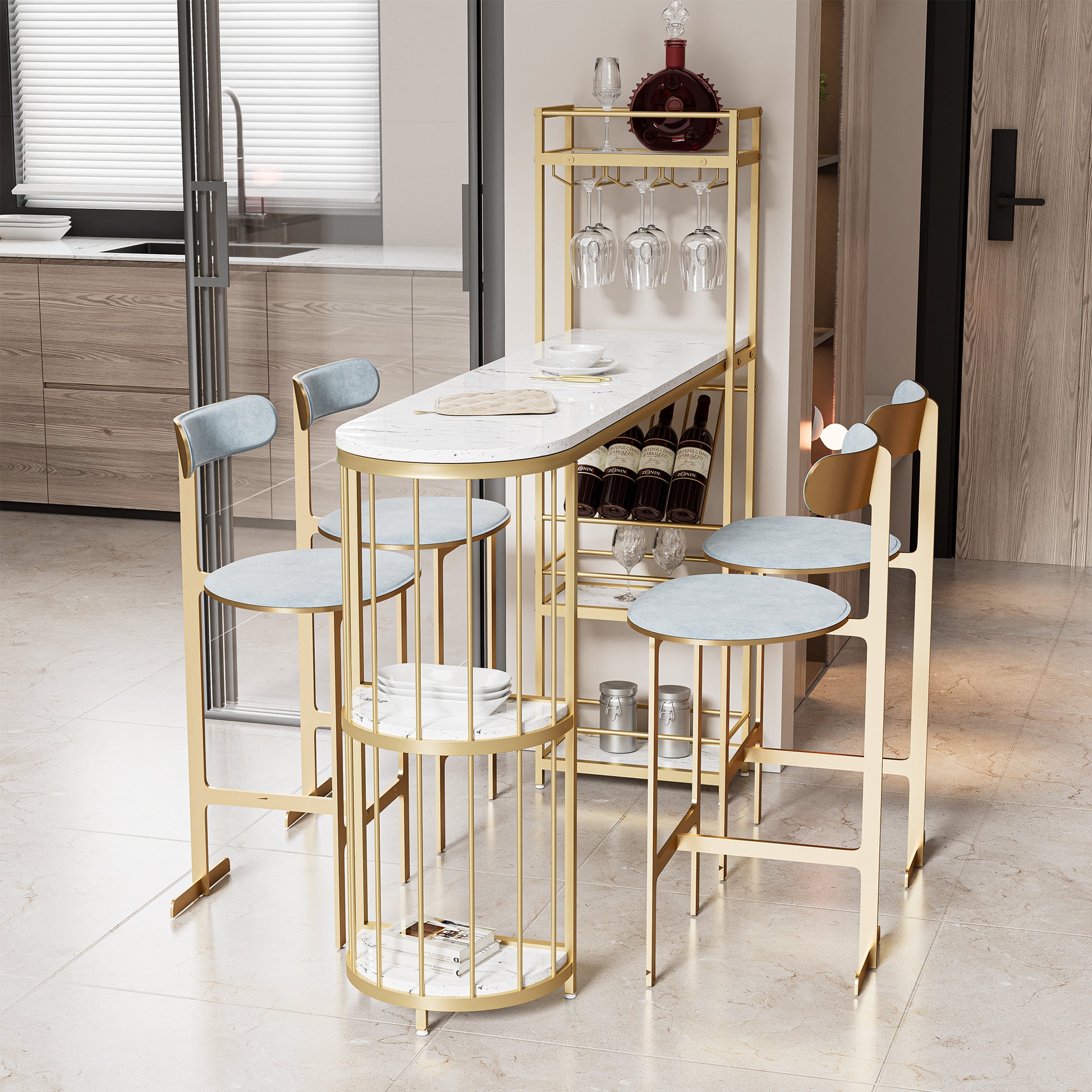 63" Modern White Kitchen Bar Height Dining Table Wood Breakfast Pub Table With Gold Base With Shelves, Glass Rack, Wine Bottle Rack White Gold Dining Room Contemporary Floor Mount Rectangular Kitchen & Dining Tables Glossy Rectangular Mdf Metal