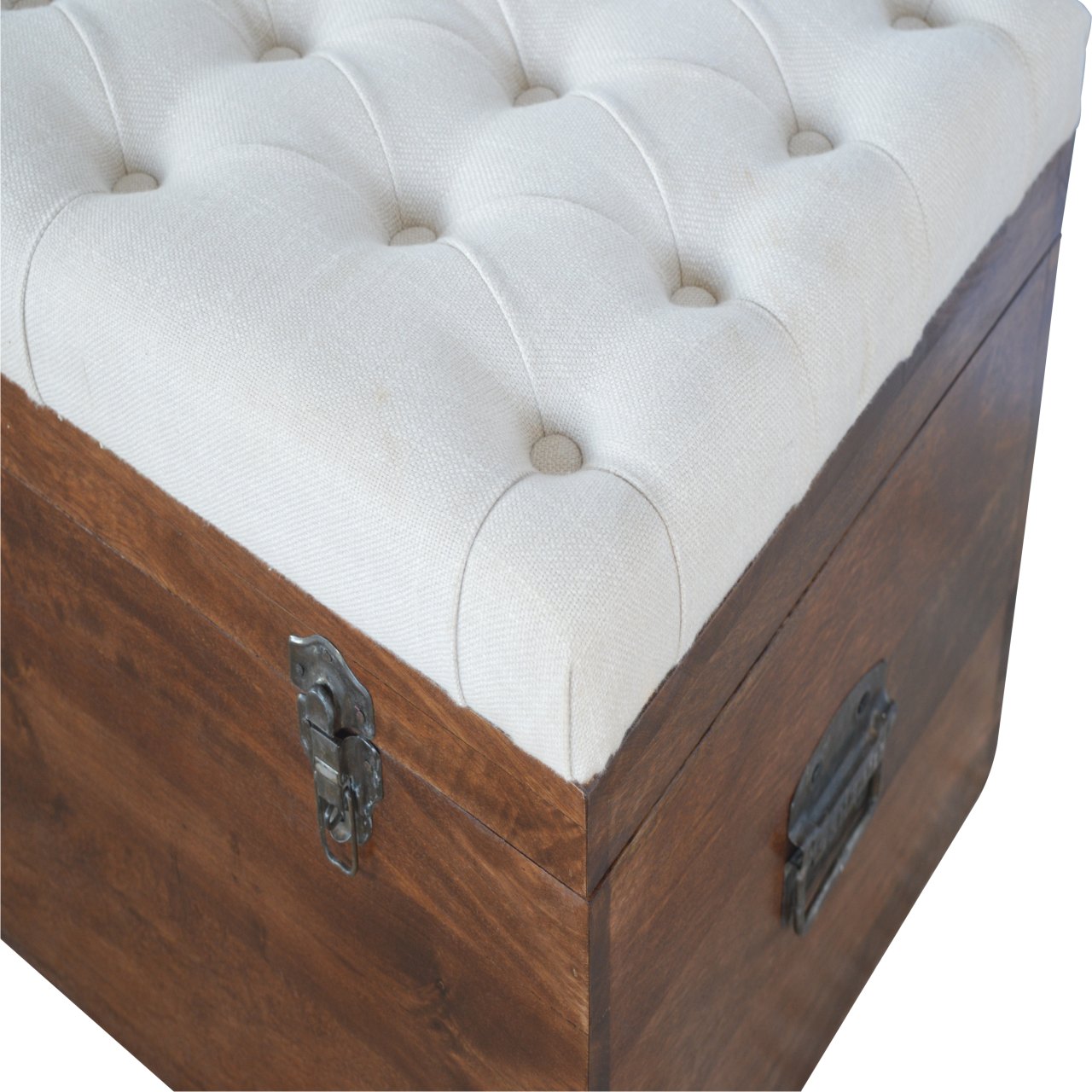 White Linen Storage Trunk Chestnut Foam Wood Fabric