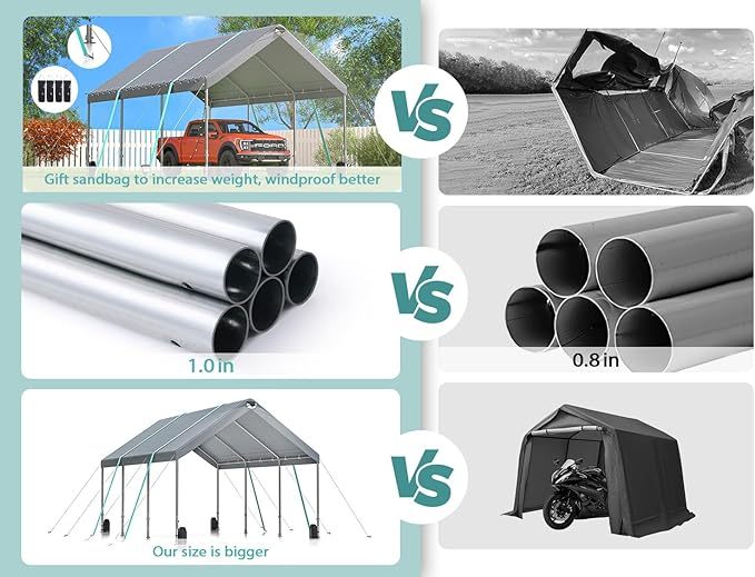 12*20 Heavy Duty Carport Canopy Extra Large Portable Car Tent Garage With Adjustable Peak Height From 9.5Ft To 11Ft,Metal Roof &Side Walls For Car, Suv,Boats&Truck Party Tent Shelter Logic Storage Gray Rectangular None Garden & Outdoor Water Resistant