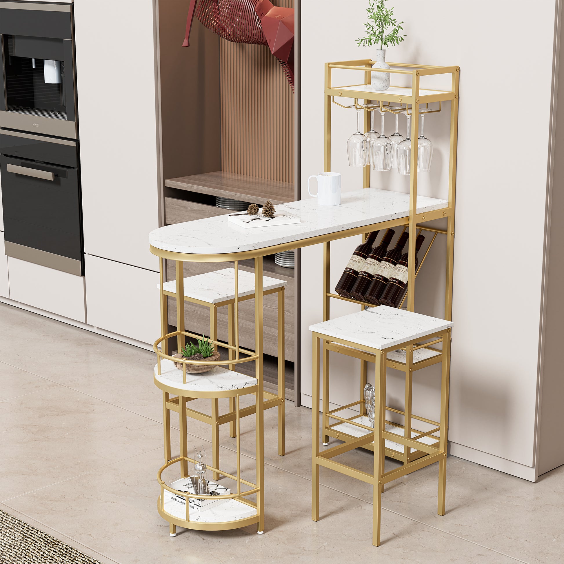 3 Pcs Bar Table And Chairs Set, Modern White Kitchen Bar Height Dining Table Wood Breakfast Pub Table With Gold Base With Shelves, Glass Rack, Wine Bottle Rack ,With 2 Bar Stools White Gold Dining Room Contemporary Floor Mount Rectangular Kitchen &