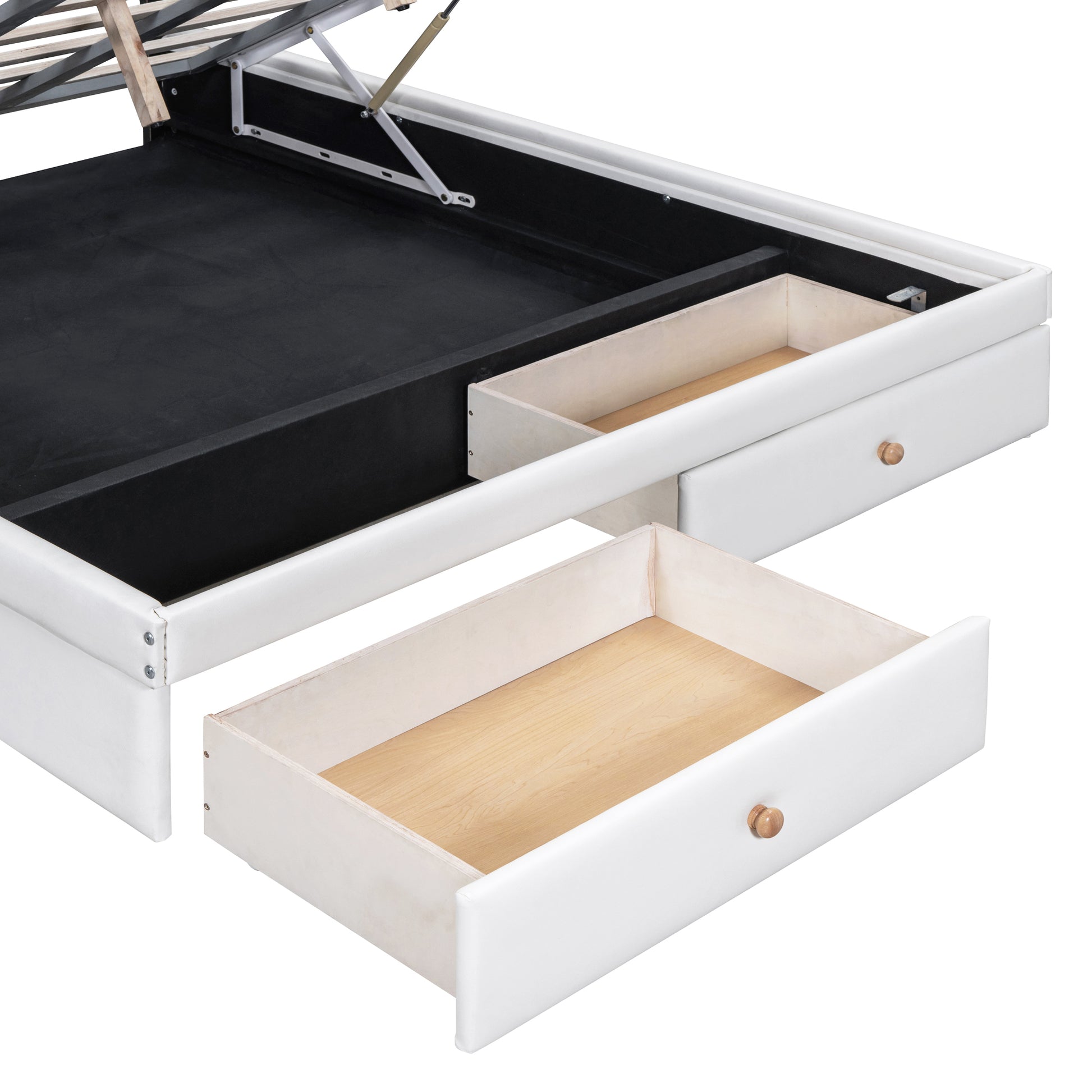 Full Size Upholstered Bed With Hydraulic Storage System And Drawer, White White Pu Leather