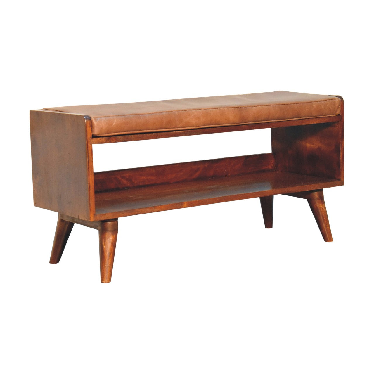 Chestnut Bench With Brown Leather Seatpad Chestnut Leather Solid Wood