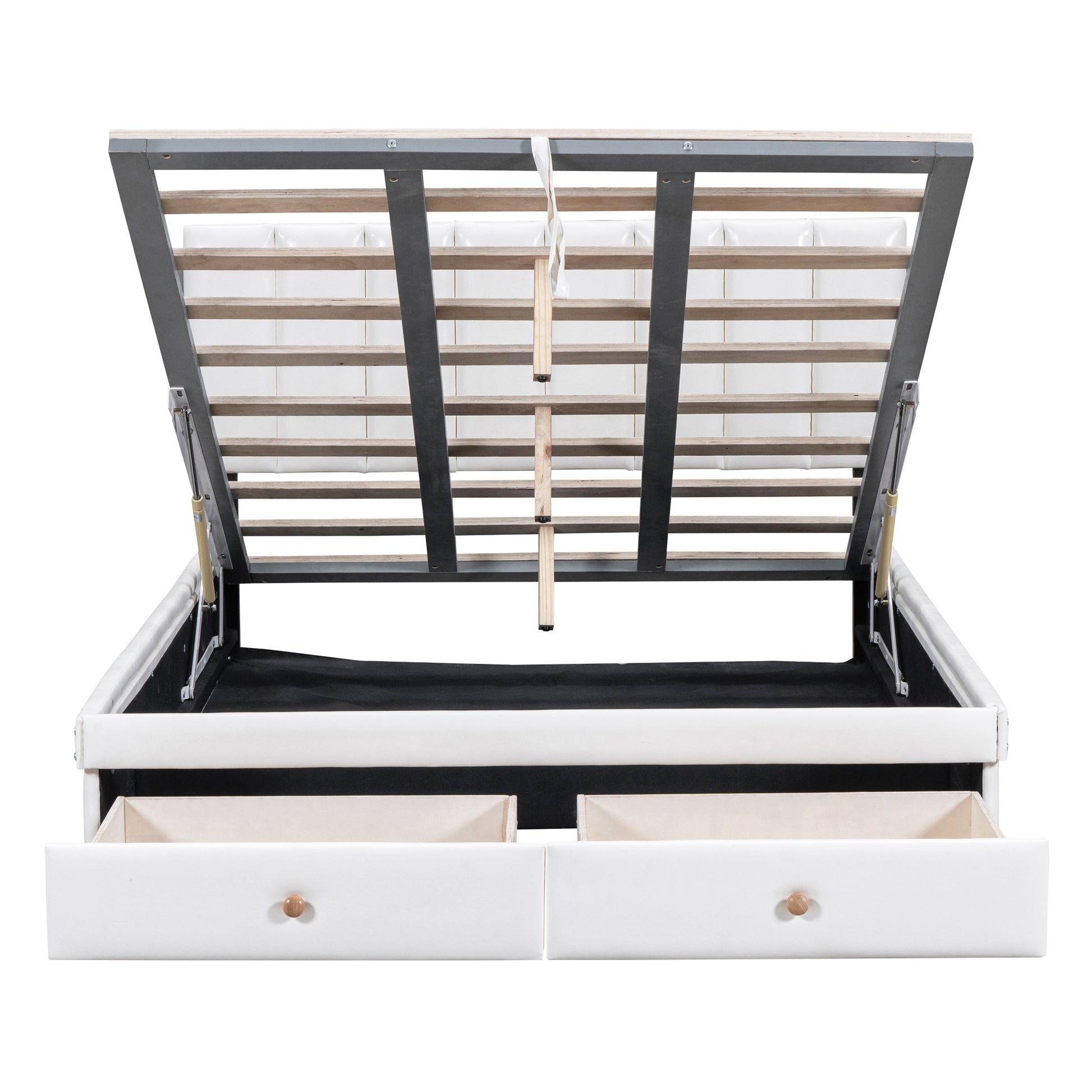 Full Size Upholstered Bed With Hydraulic Storage System And Drawer, White White Pu Leather