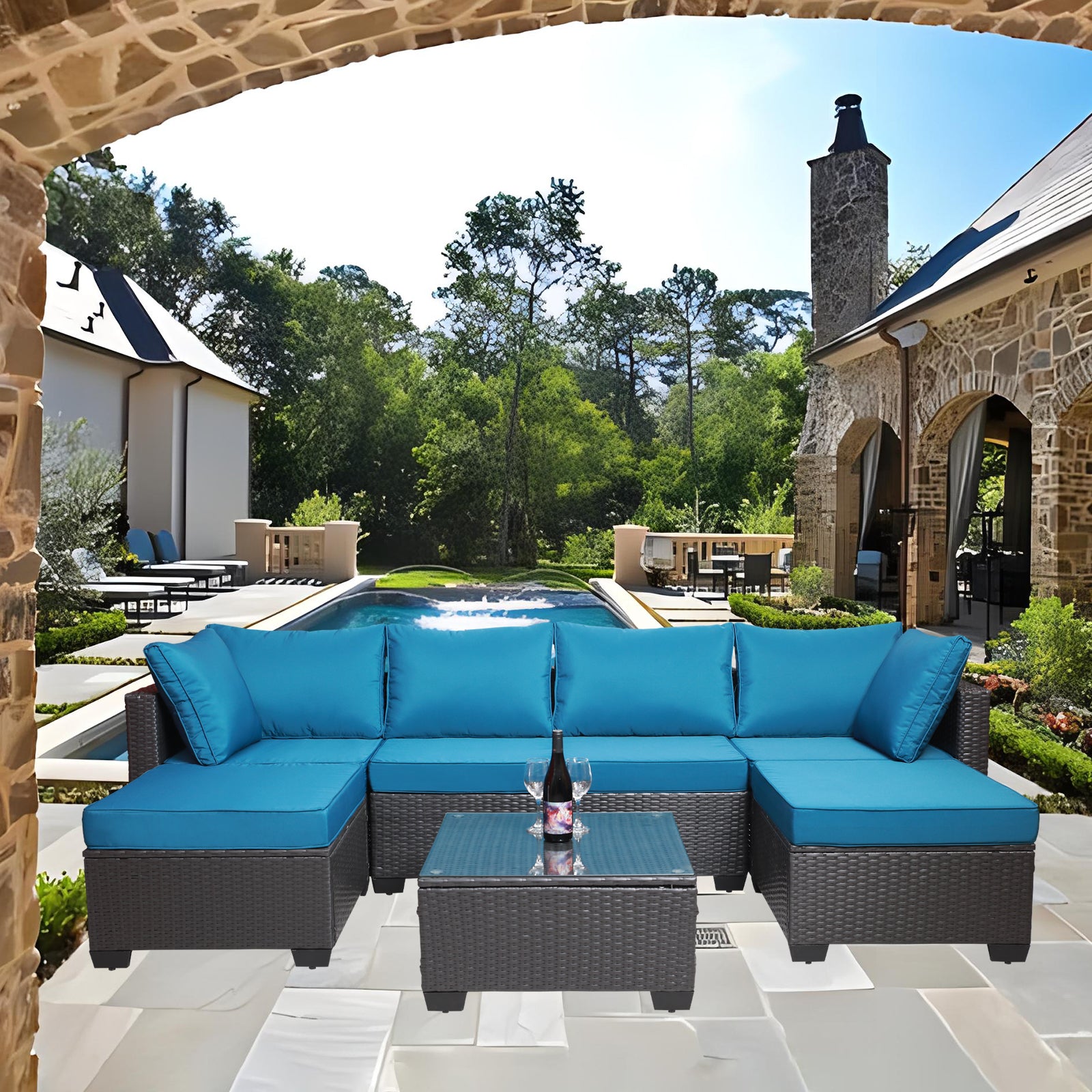 Outdoor Garden Patio Furniture 7 Piece Pe Rattan Wicker Cushioned Sofa Sets And Coffee Table, Patio Furniture Set Outdoor Couch Outdoor Couch Patio Furniture Outdoor Sofa Patio Couch Yes Complete Patio Set Black Blue Rust Resistant Frame Water Resistant