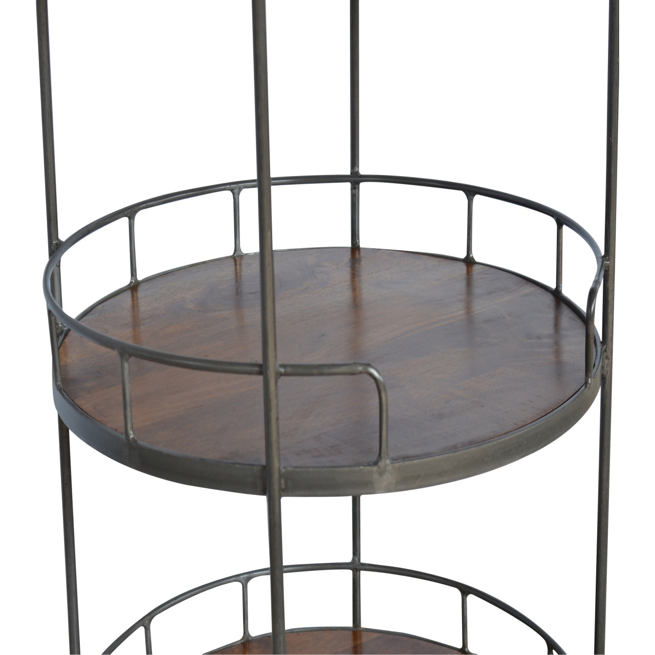 Industrial Round Butler Tray Table Chestnut Wood Metal