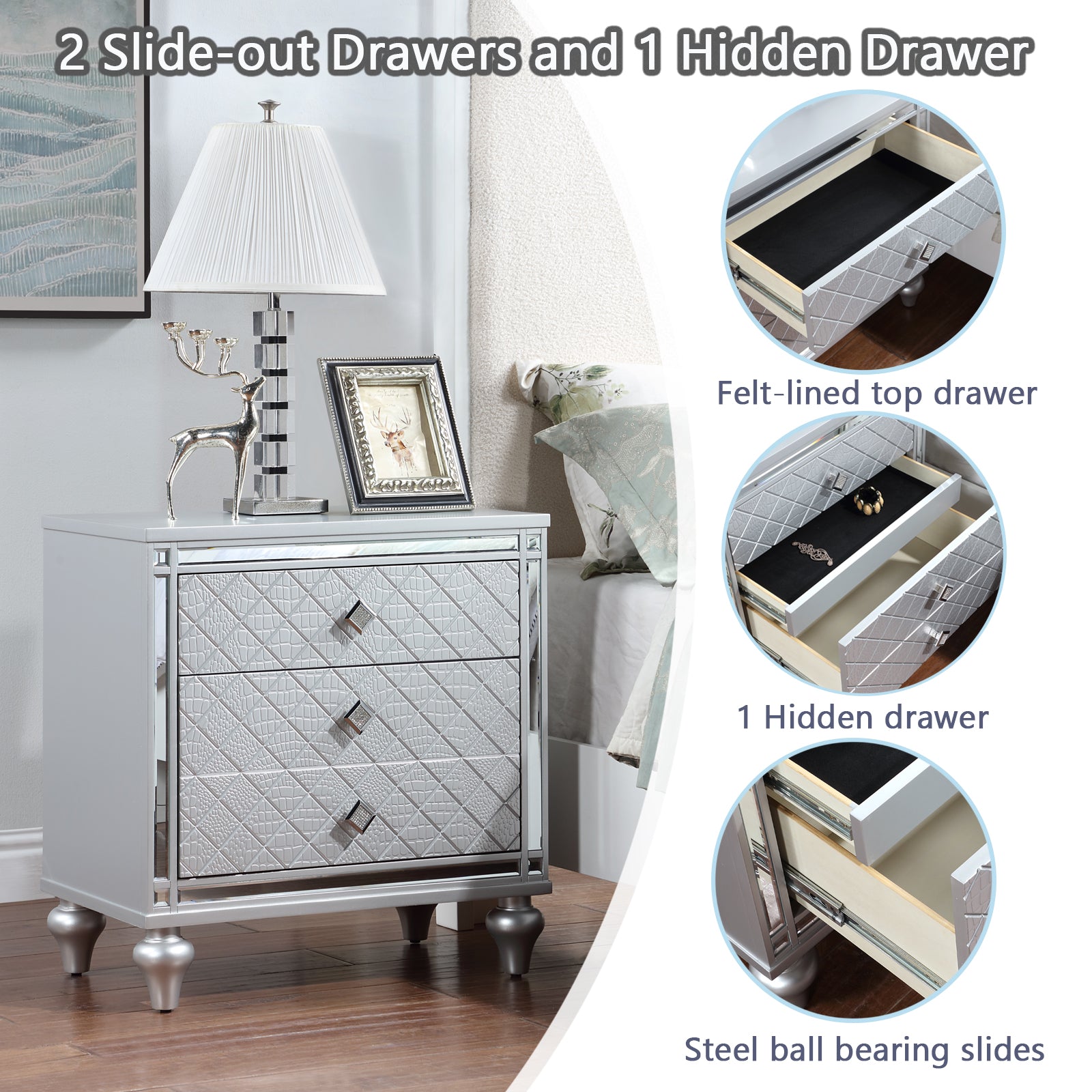 Contemporary Nightstands With Mirror Frame Accents, Bedside Table With Two Drawers And One Hidden Drawer, End Table With Crystal Pull For Living Room,Bedroom, Silver Silver 3 Drawers Solid Wood Mdf