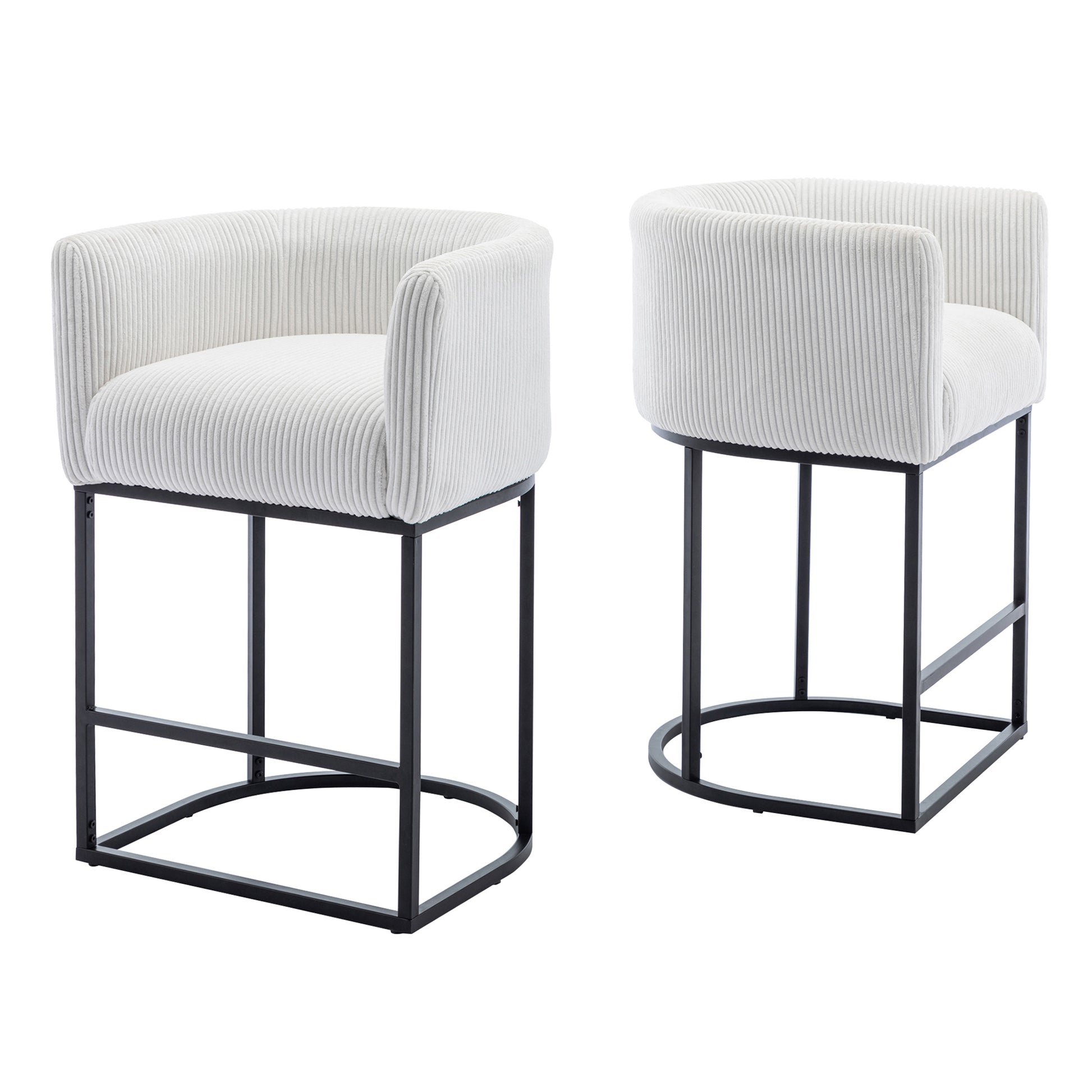 Modern Bar Stools Set Of 2, 27.5" Counter Height Stools With Barrel Back And Arms, Upholstered Seat Cushion Linen Modern Kitchen Island Chair With Black Metal Frame For Kitchen Island, White White Dining Room Powder Coated Sponge Wipe Clean Modern Bar