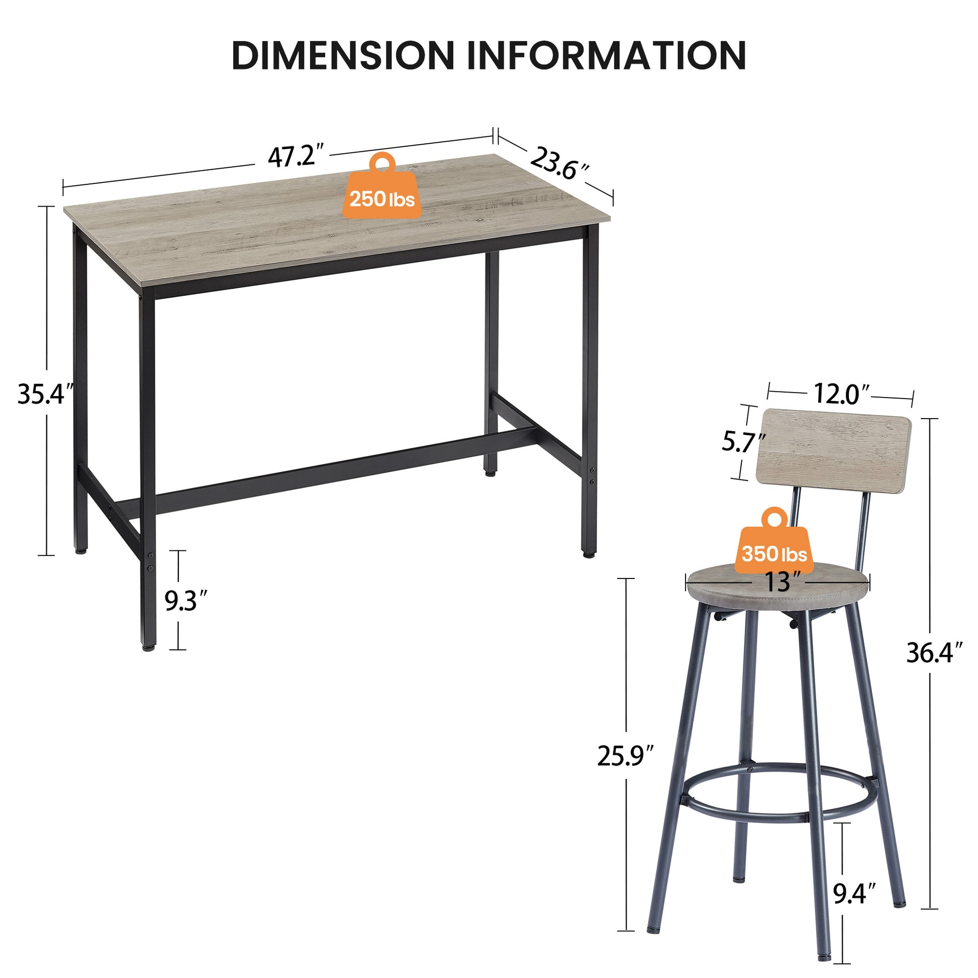 Pub High Dining Table 5 Piece Set, Industrial Style Pub Table, 4 Pu Leather Bar Chairs For Kitchen Breakfast Table, Living Room, Bar, Rustic Grey, 47.2 L X 23.6"W X 35.4"H Grey Particle Board