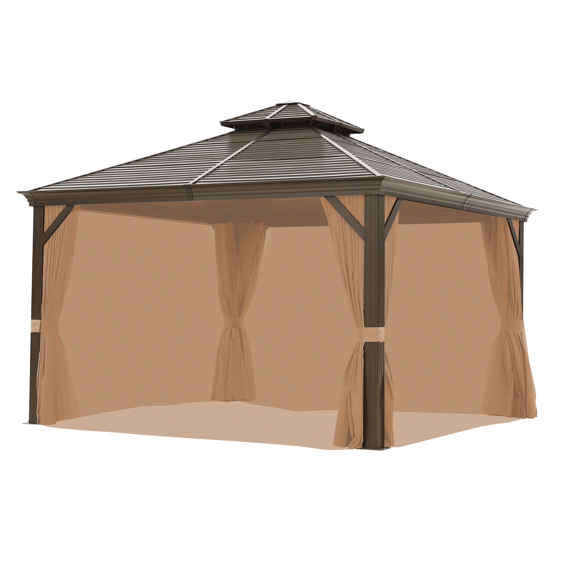 12X12Ft Galvanized Steel Gazebos With Netting & Curtains Brown Square Garden & Outdoor Uv Resistant Gazebos Anchored Aluminium Alloy