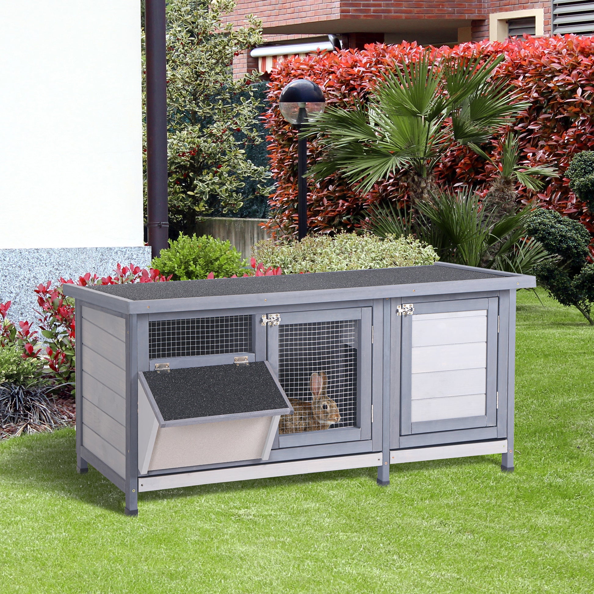 Pawhut Wooden Rabbit Hutch Bunny Hutch Cage Guinea Pig With Waterproof Roof, No Leak Tray And Feeding Trough, Indoor Outdoor, Gray Gray Wood