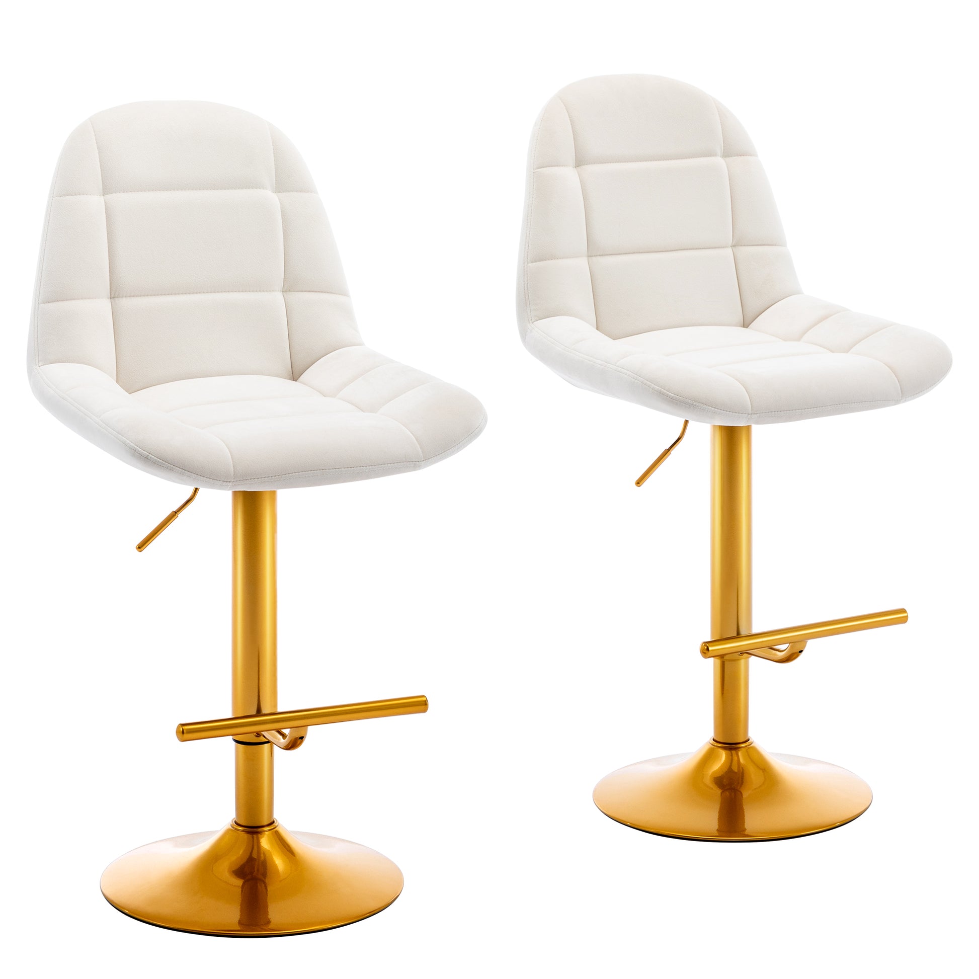 Velvet Swive Bar Stools Set Of 2 Adjustable Counter Height Bar Chairs With Back Gold Base Modern Stool Chair For Kitchen Island Dining Room, White White Gold Dining Room Powder Coated Sponge Wipe Clean Modern Bar Stools Set Of 2 Fabric Metal