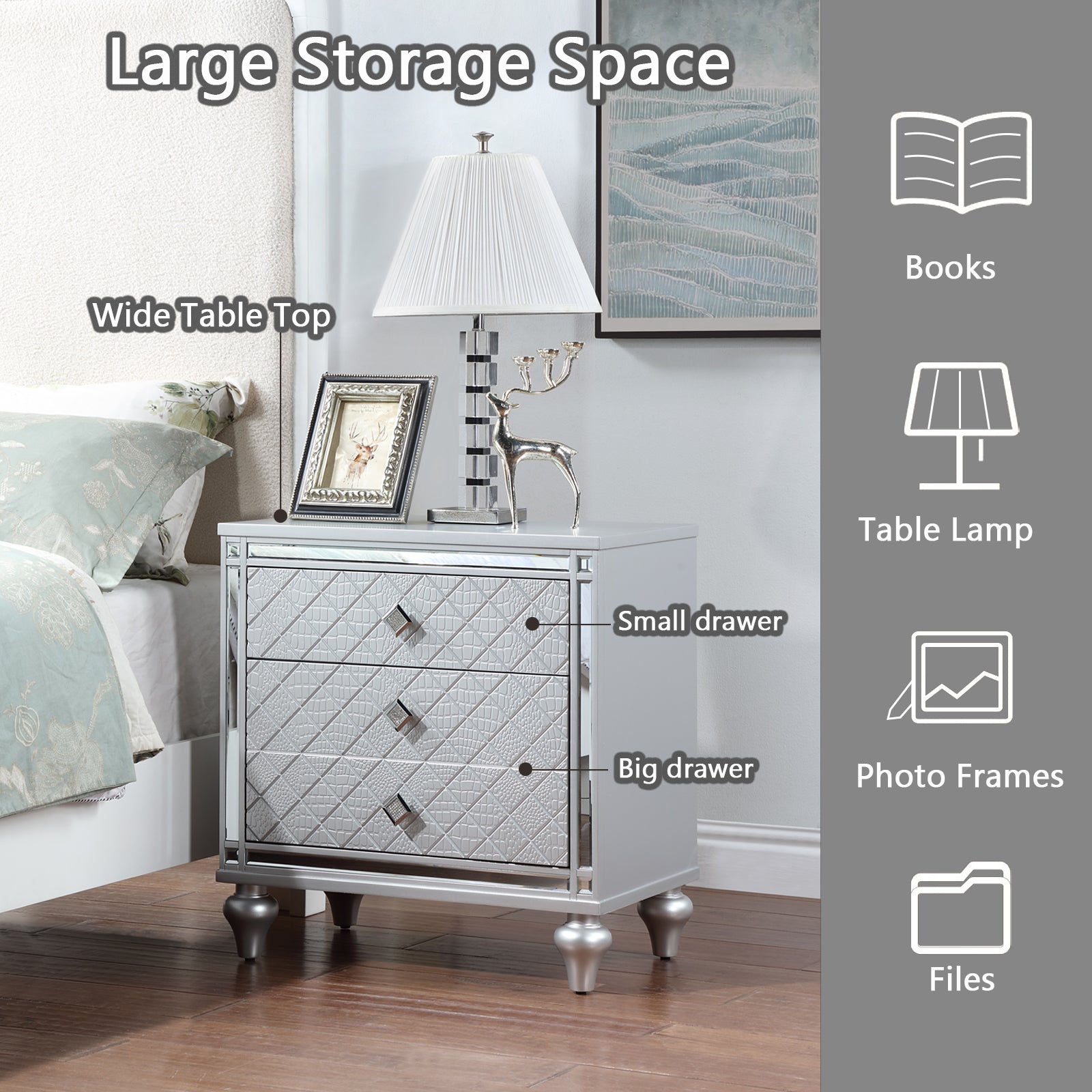 Contemporary Nightstands With Mirror Frame Accents, Bedside Table With Two Drawers And One Hidden Drawer, End Table With Crystal Pull For Living Room,Bedroom, Silver Silver 3 Drawers Solid Wood Mdf