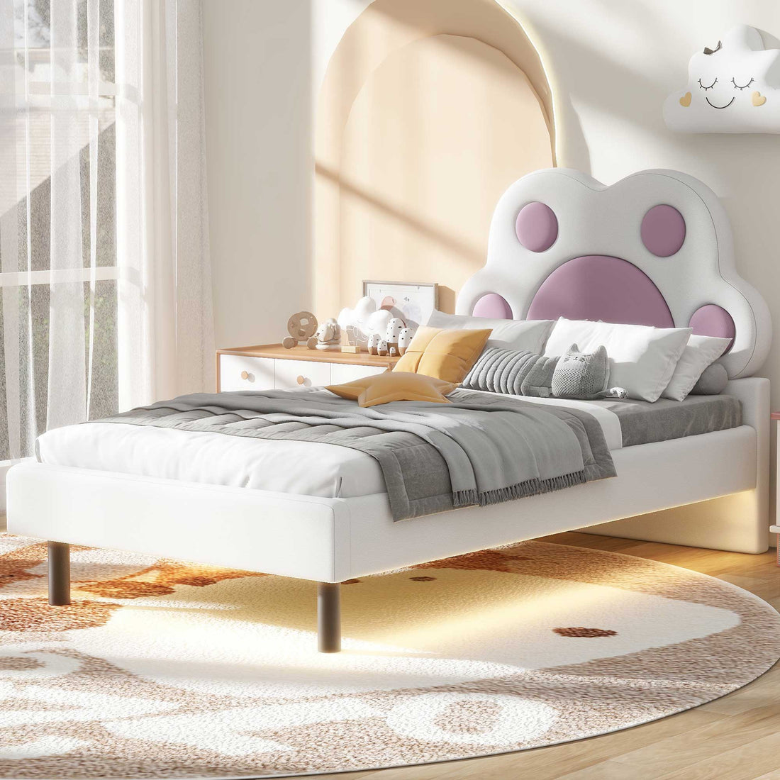 Twin Size Upholstered Platform Bed With Animal Paw Shaped Headboard And Led, Pink Box Spring Not Required Twin White Pink Wood Bedroom Solid Wood Mdf