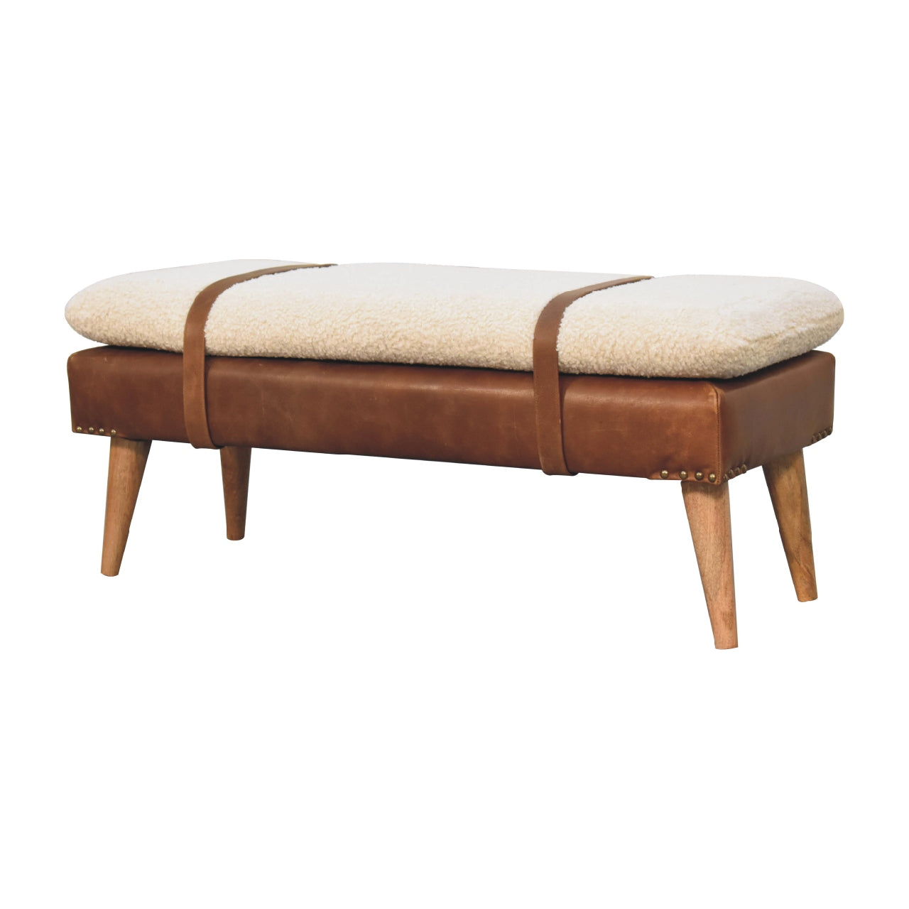 Boucle Buffalo Hide Leather Bench Chestnut Leather Wood