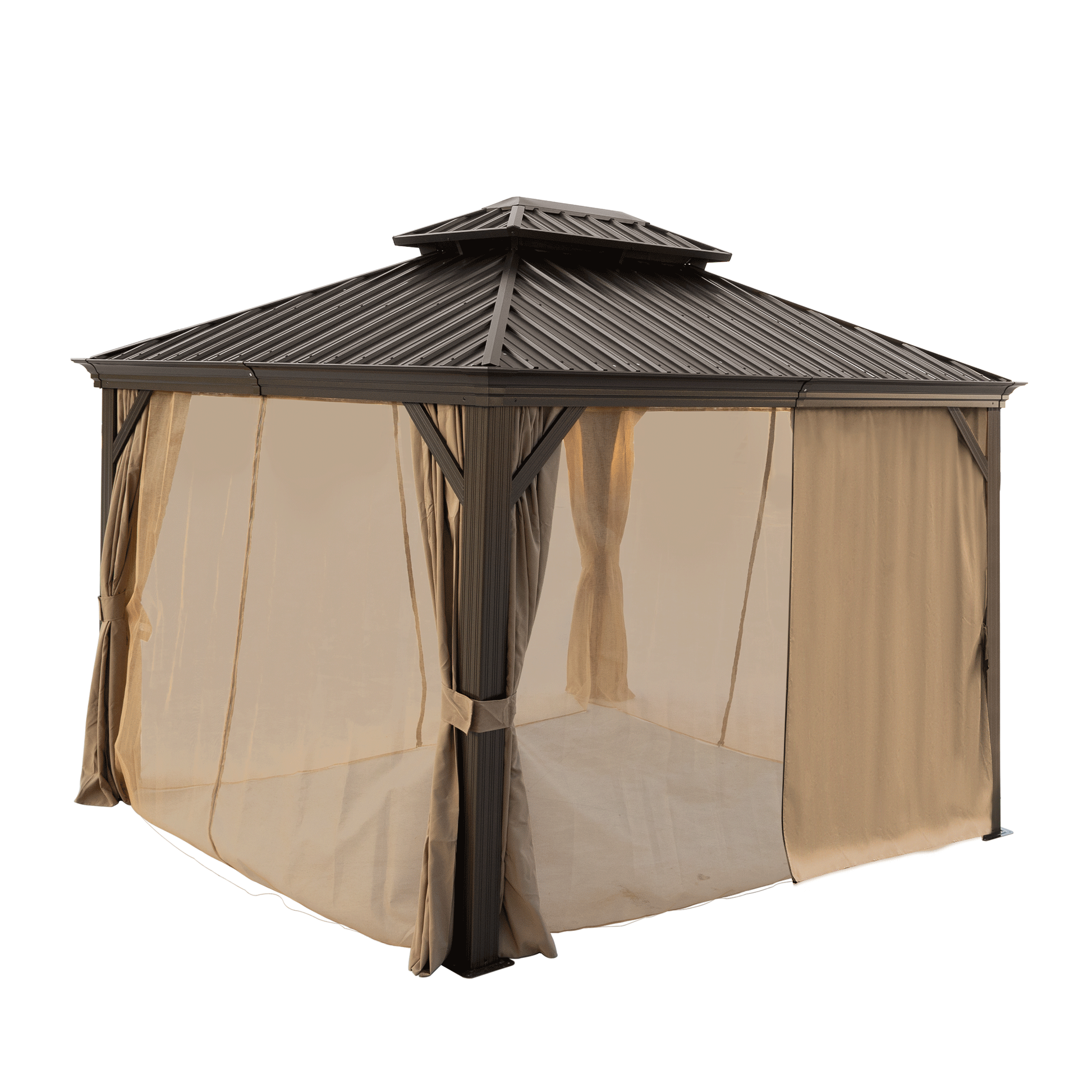 10X12Ft Hardtop Gazebo With Netting & Curtain, Brown Brown Rectangular Garden & Outdoor Uv Resistant Gazebos Anchored Aluminium Alloy