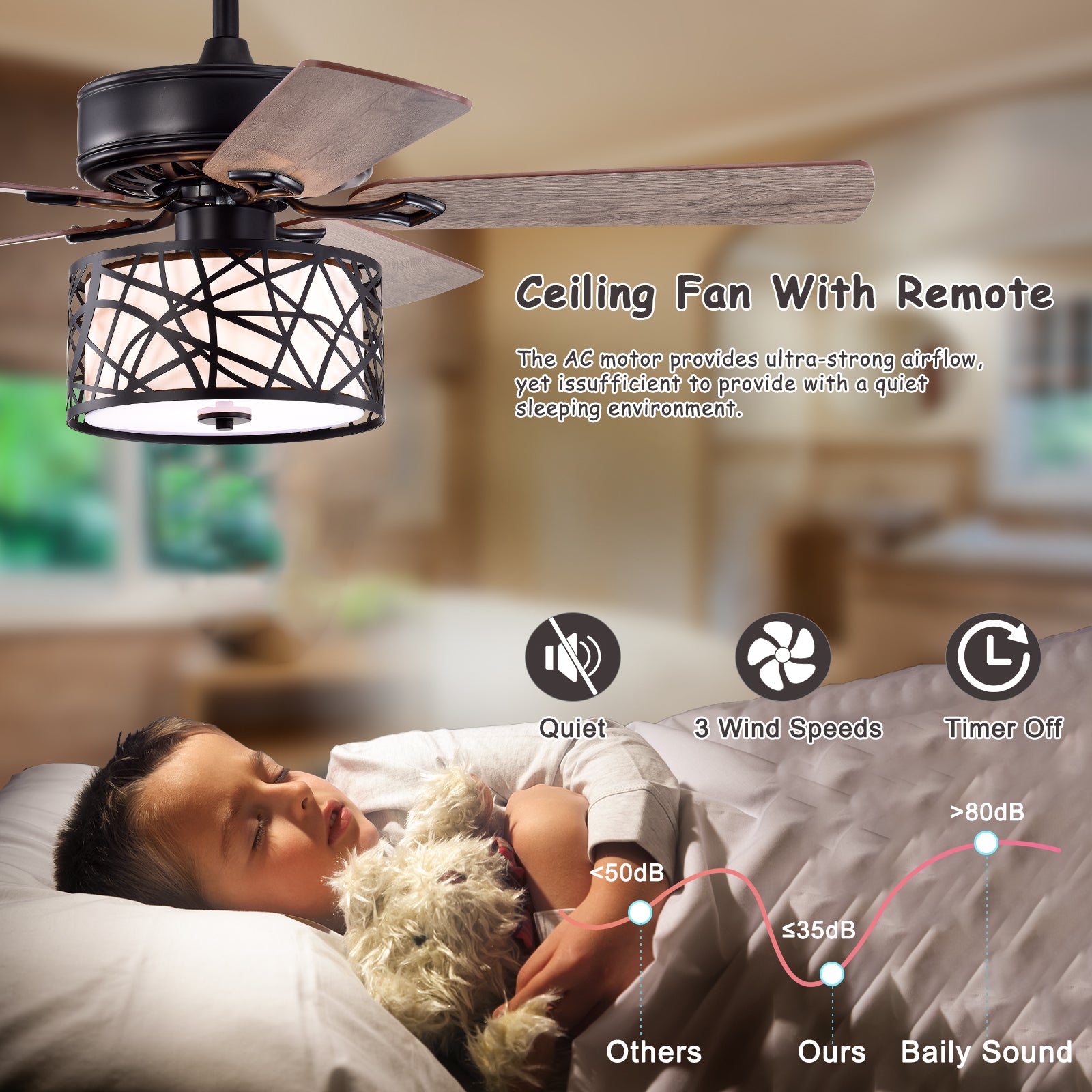 52'' Low Profile Ceiling Fan With Lights No Include Bulb ,Blade Dark Wood Ceiling Fan Matte Black American Design,American Traditional,Antique,Farmhouse,Industrial Plywood Metal