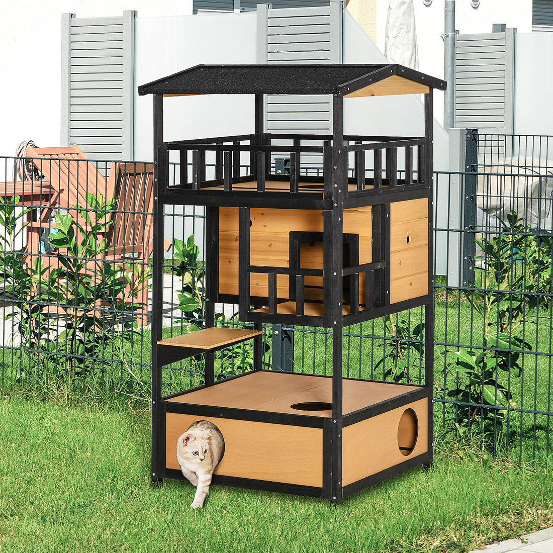 Pawhut Wooden Outdoor Cat House, Feral Cat Shelter Kitten Tree With Asphalt Roof, Escape Doors, Condo, Jumping Platform, Yellow Yellow Wood