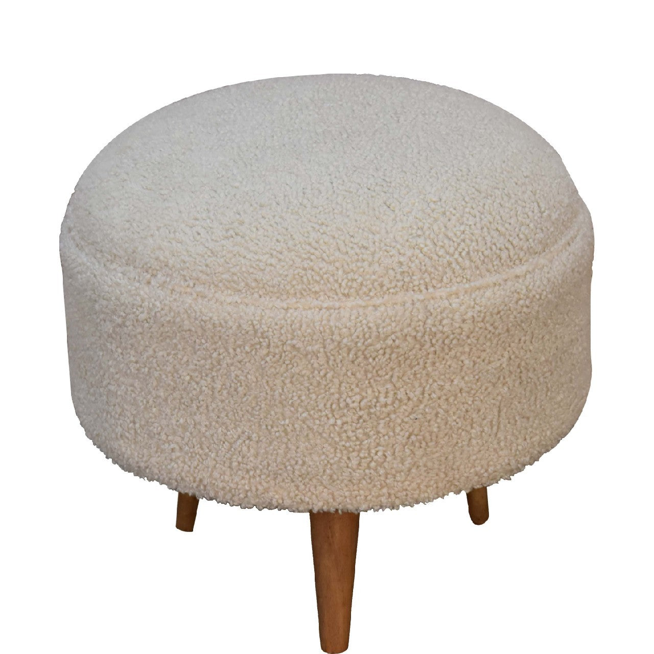 Cream Boucle Rounded Footstool Oak Foam Wood Fabric