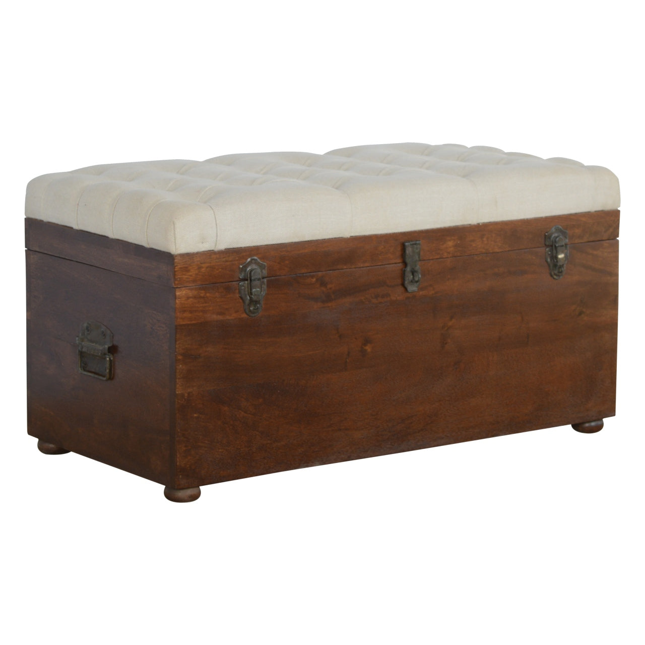 White Linen Storage Trunk Chestnut Foam Wood Fabric