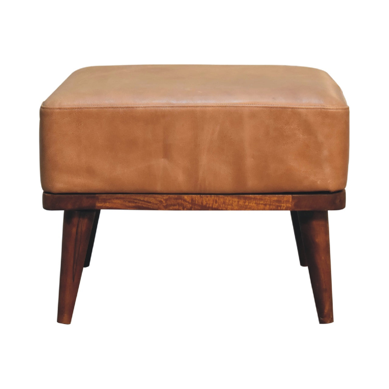 Tan Buffalo Leather Tan Footstool Chestnut Leather Wood