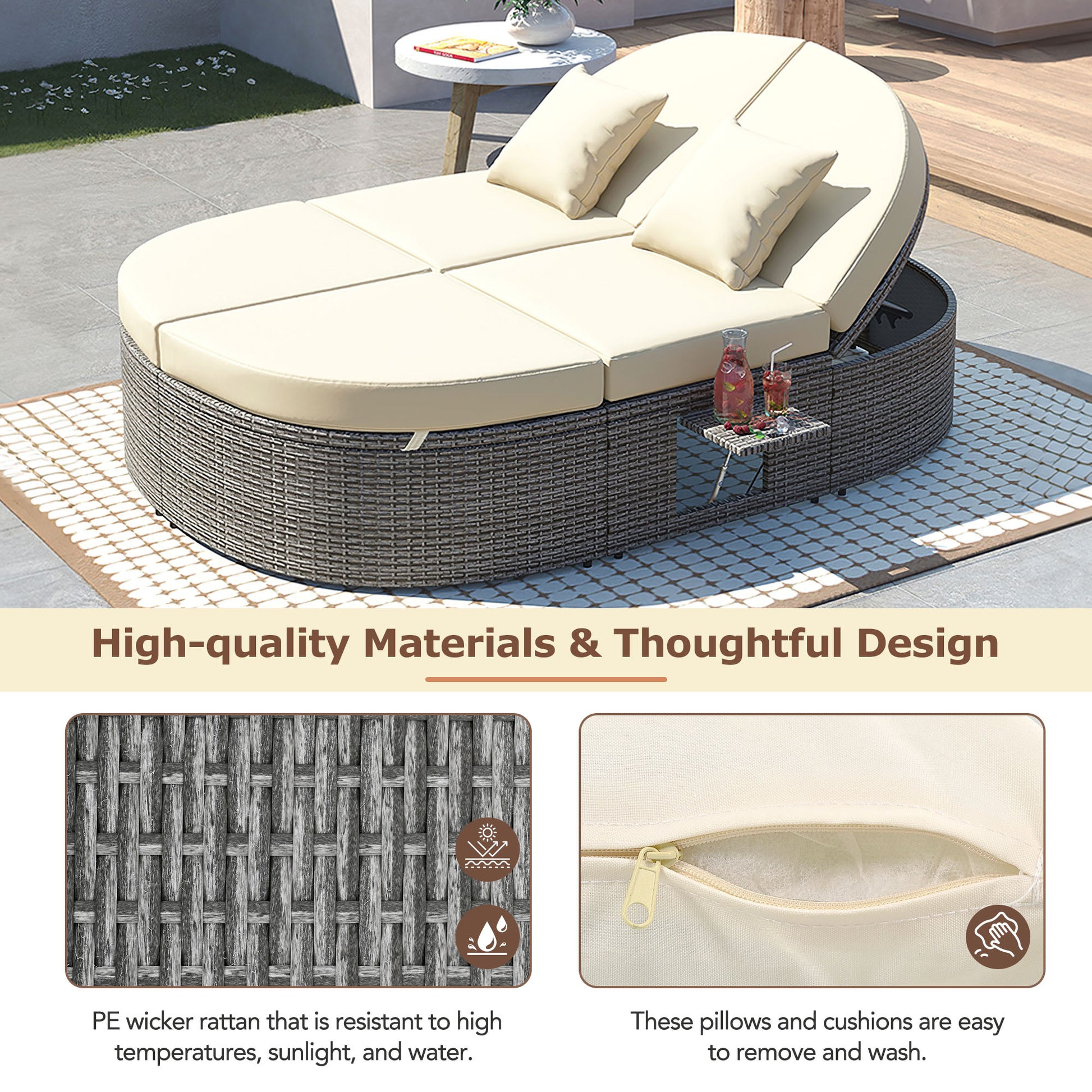 Outdoor Sun Bed Patio 2 Person Daybed With Cushions And Pillows, Rattan Garden Reclining Chaise Lounge With Adjustable Backrests And Foldable Cup Trays For Lawn, Poolside, Beige Yes Complete Patio Set Beige Weather Resistant Frame Water Resistant Cushion