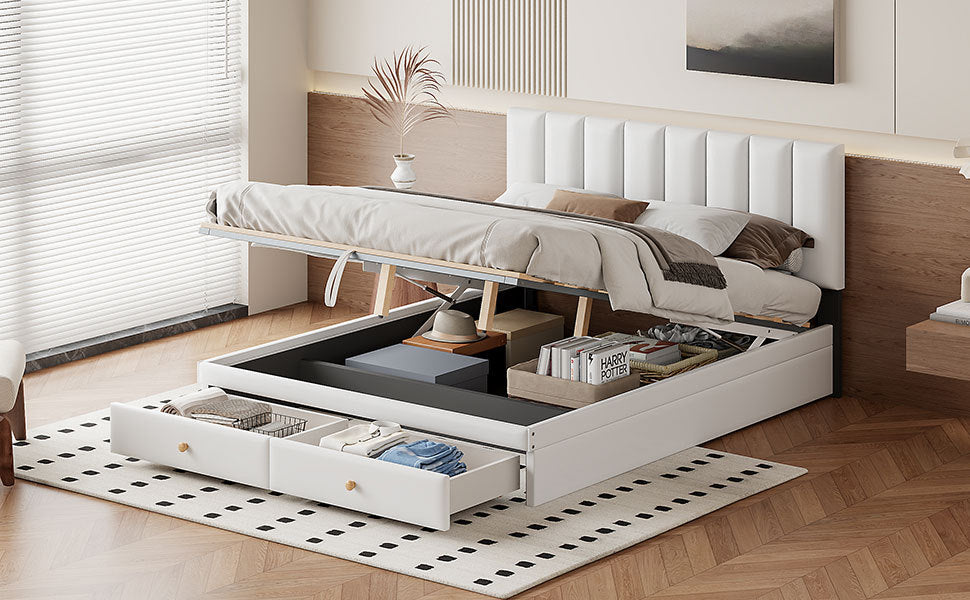 Queen Size Upholstered Bed With Hydraulic Storage System And Drawer, White White Pu Leather