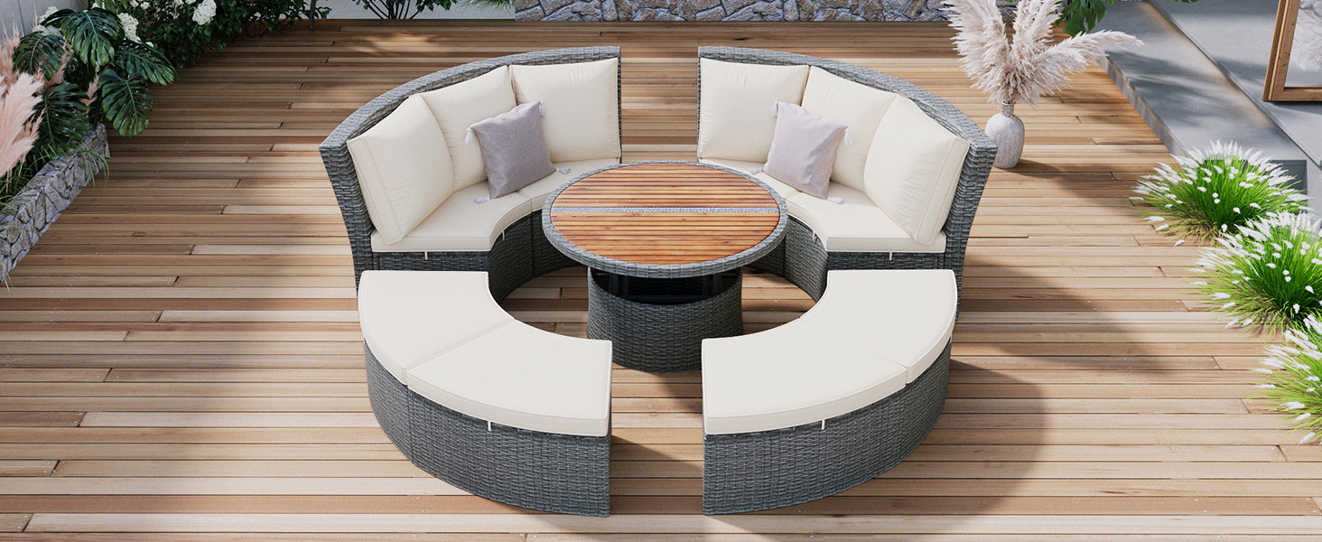 Patio 5 Piece Round Rattan Sectional Sofa Set All Weather Pe Wicker Sunbed Daybed With Round Liftable Table And Washable Cushions For Outdoor Backyard Poolside, Beige Yes Deep Seating Beige Water Resistant Frame Water Resistant Cushion Garden & Outdoor