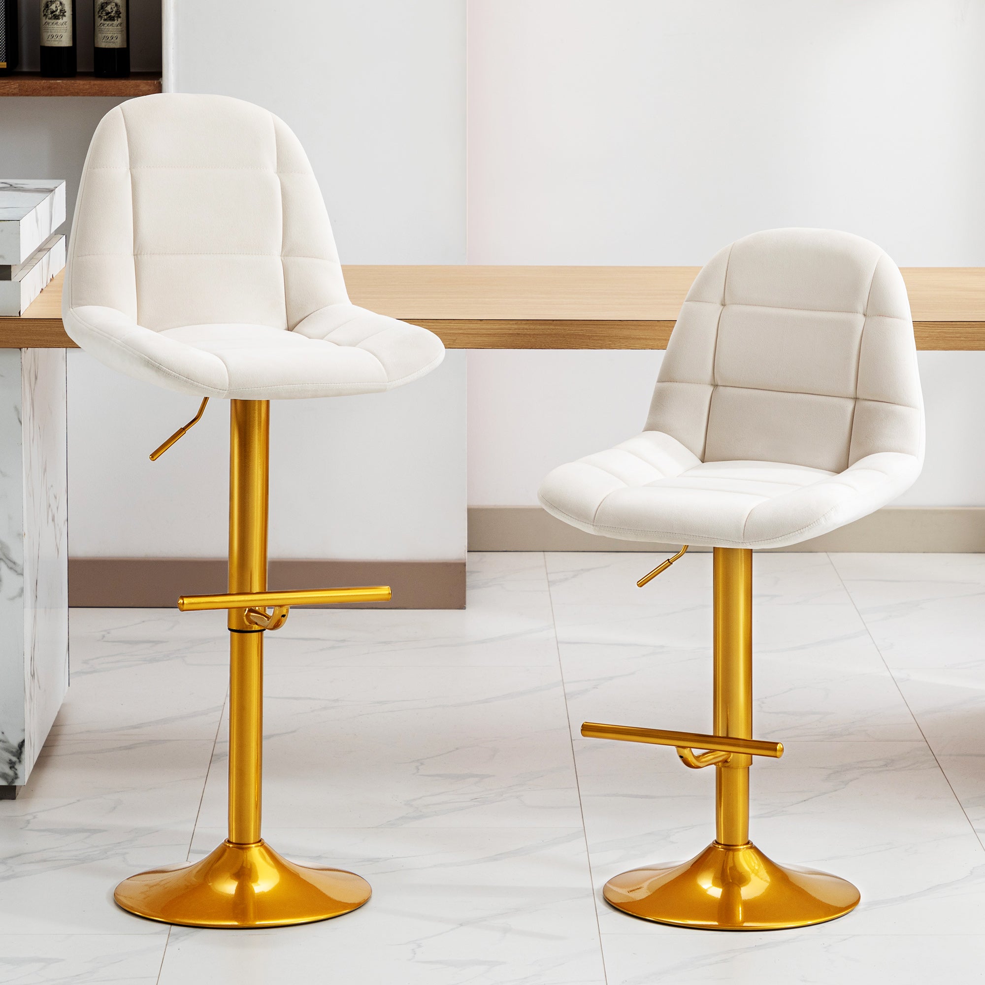 Velvet Swive Bar Stools Set Of 2 Adjustable Counter Height Bar Chairs With Back Gold Base Modern Stool Chair For Kitchen Island Dining Room, White White Gold Dining Room Powder Coated Sponge Wipe Clean Modern Bar Stools Set Of 2 Fabric Metal