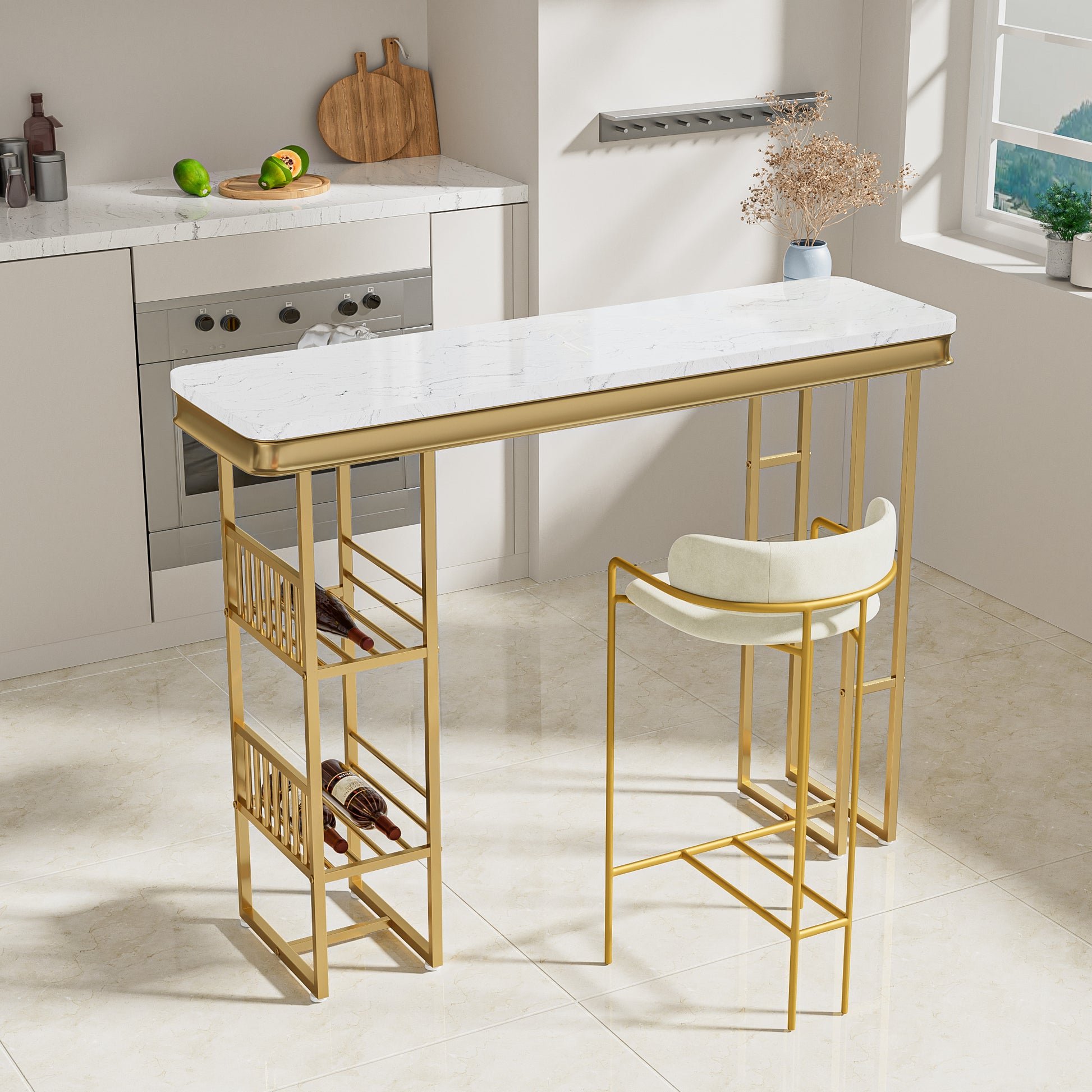55.1" Modern Straight Bar Table With Shelves In White & Gold White Gold Dining Room Contemporary Floor Mount Rectangular Kitchen & Dining Tables Glossy Rectangular Mdf Metal
