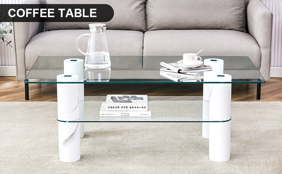 Modern Minimalist Double Layered Transparent Tempered Glass Coffee Table And Coffee Table, Paired With White Mdf Decorative Columns. Computer Desk. Game Table. Ct X02 Transparent Glass