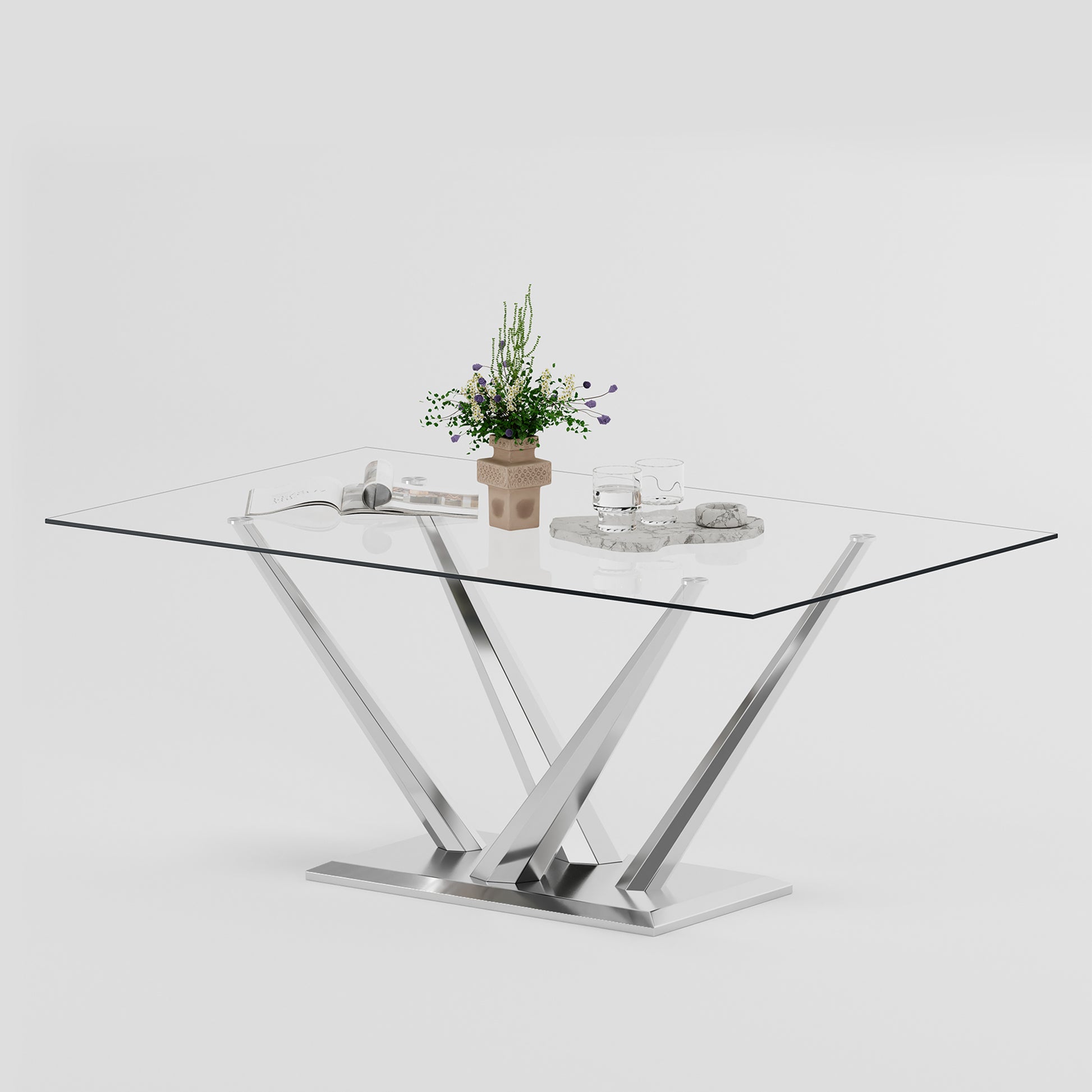 0.39" Thick Tempered Glass Top Rectangular Dining Table With Stainless Steel Base For Dining Room Silver Tempered Glass