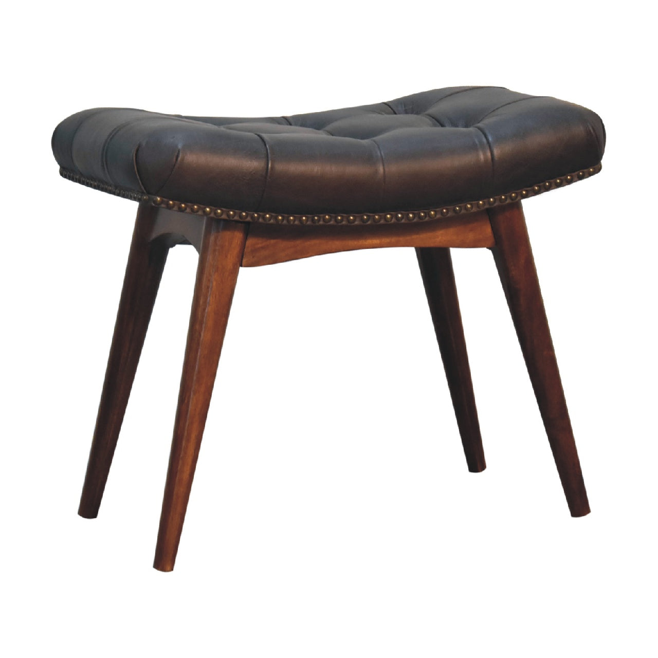 Harbour Black Footstool Chestnut Leather Wood