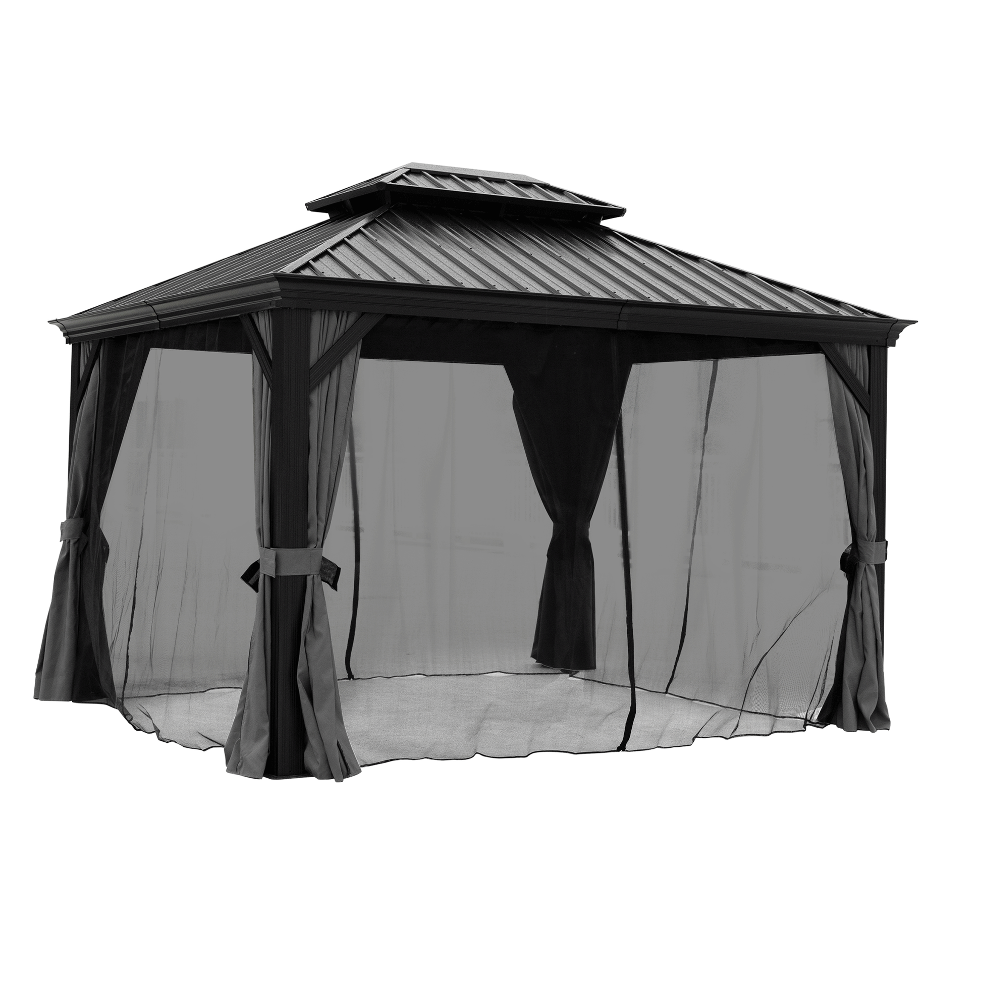 10X12Ft Hardtop Gazebo With Netting & Curtain, Black Black Rectangular Garden & Outdoor Uv Resistant Gazebos Anchored Aluminium Alloy