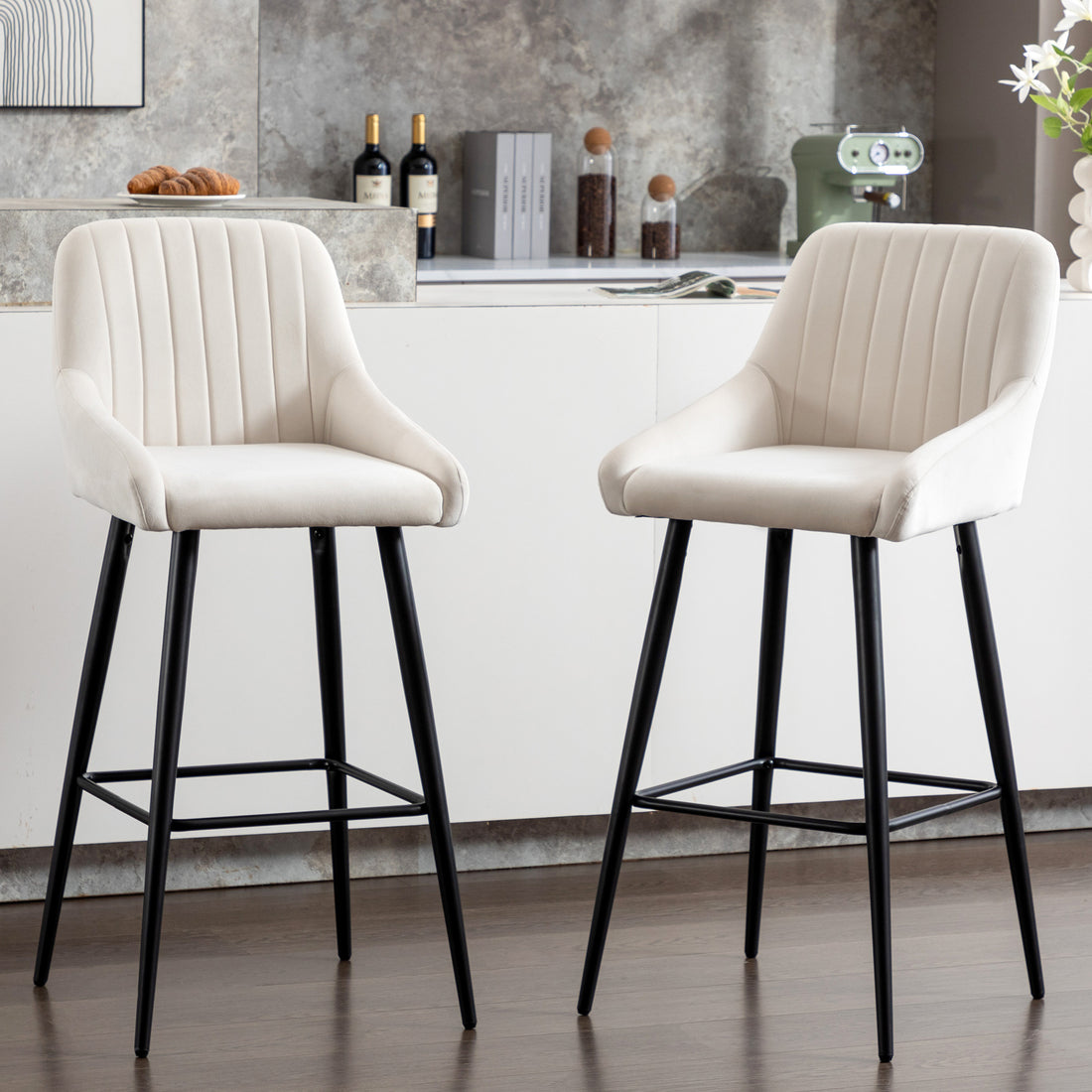 Elegant Lifestyle Modern Bar Stools,Velvet Upholstered Barstools With Back,Set Of 2 Bar Chairs For Kitchen Living Room Metal White Dining Room Powder Coated Sponge Wipe Clean Rectangular Modern Bar Stools Set Of 2 Fabric Metal