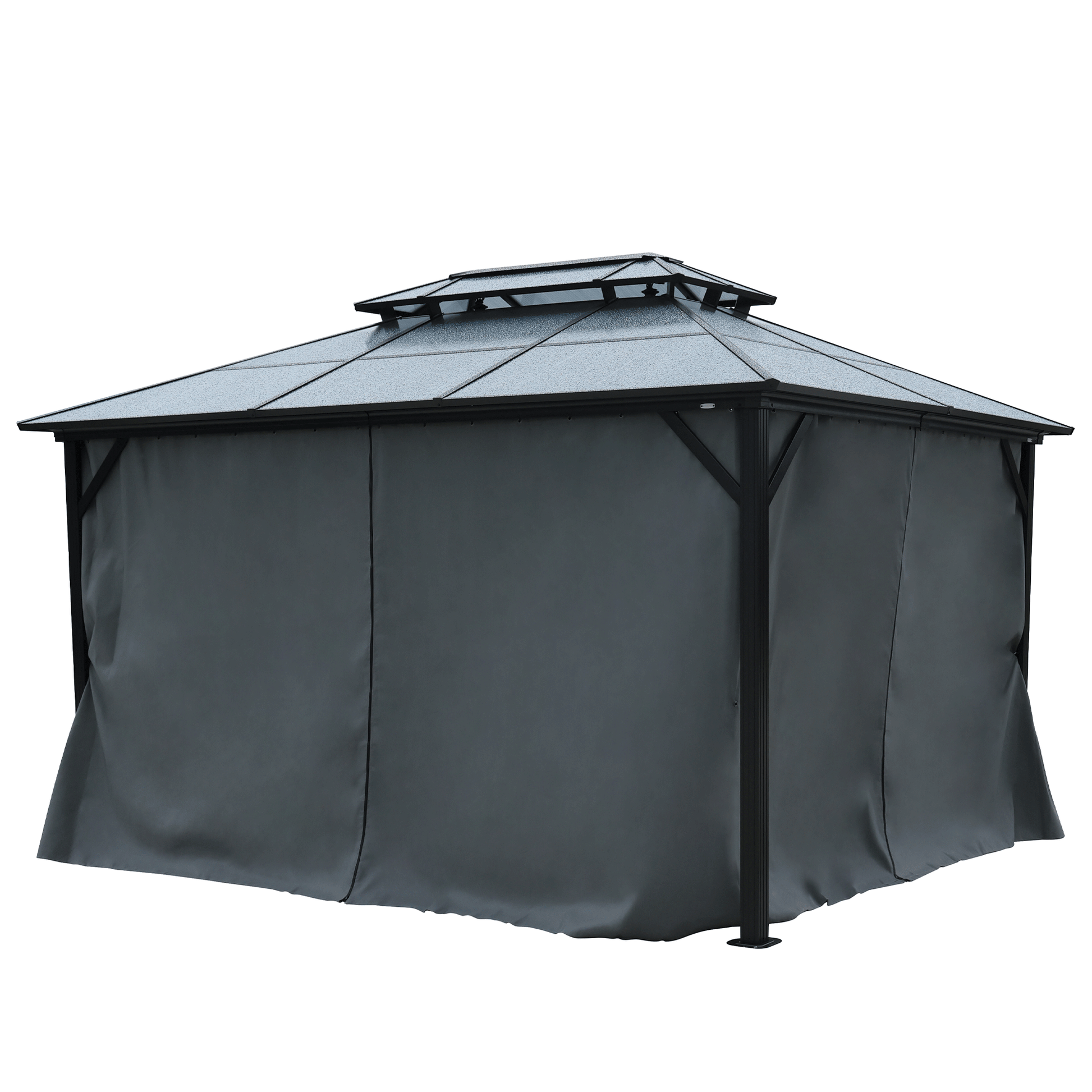 10X13Ft Patio Gazebo With Netting & Curtains, Black Black Gray Rectangular Garden & Outdoor Uv Resistant Gazebos Anchored Aluminium Alloy