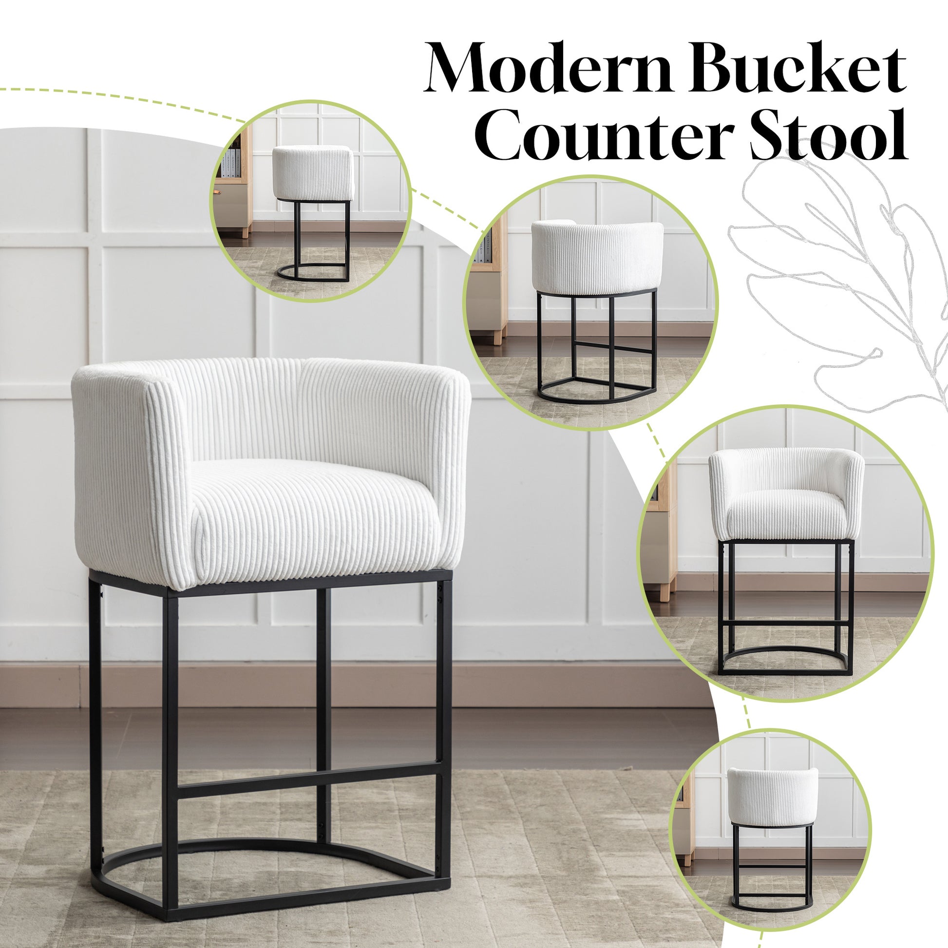 Modern Bar Stools Set Of 2, 27.5" Counter Height Stools With Barrel Back And Arms, Upholstered Seat Cushion Linen Modern Kitchen Island Chair With Black Metal Frame For Kitchen Island, White White Dining Room Powder Coated Sponge Wipe Clean Modern Bar