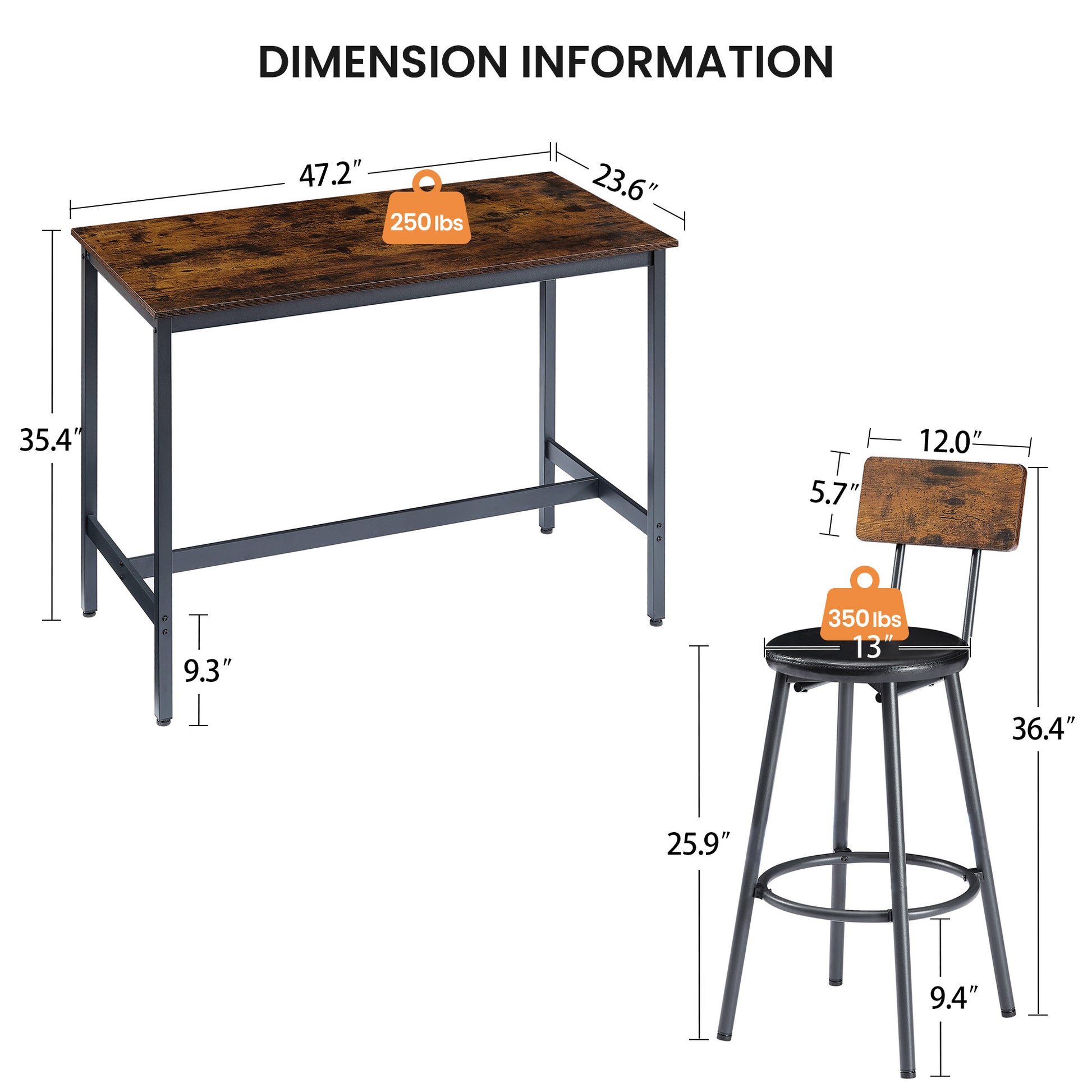 Pub High Dining Table 5 Piece Set, Industrial Style Pub Table, 4 Pu Leather Bar Chairs For Kitchen Breakfast Table, Living Room, Bar, Rustic Brown, 47.2 L X 23.6"W X 35.4"H Rustic Brown Particle Board